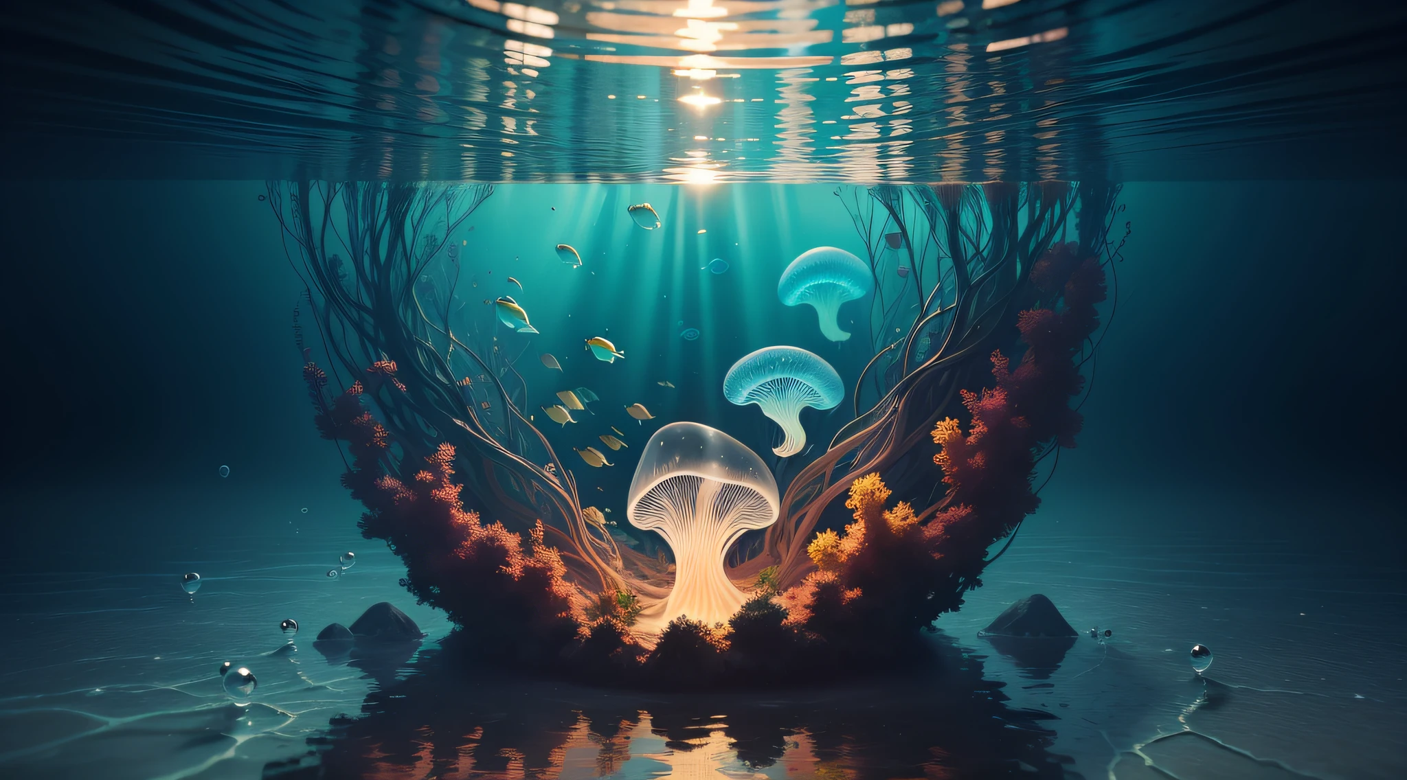 Masterpiece,(Best quality),Highly detailed,Ultra-detailed,Realist,(under the water:1.5),wide wide shot,(Buble:0.3),peaceful and serene,Clean seawater,(A small amount of jellyfish:1.2),