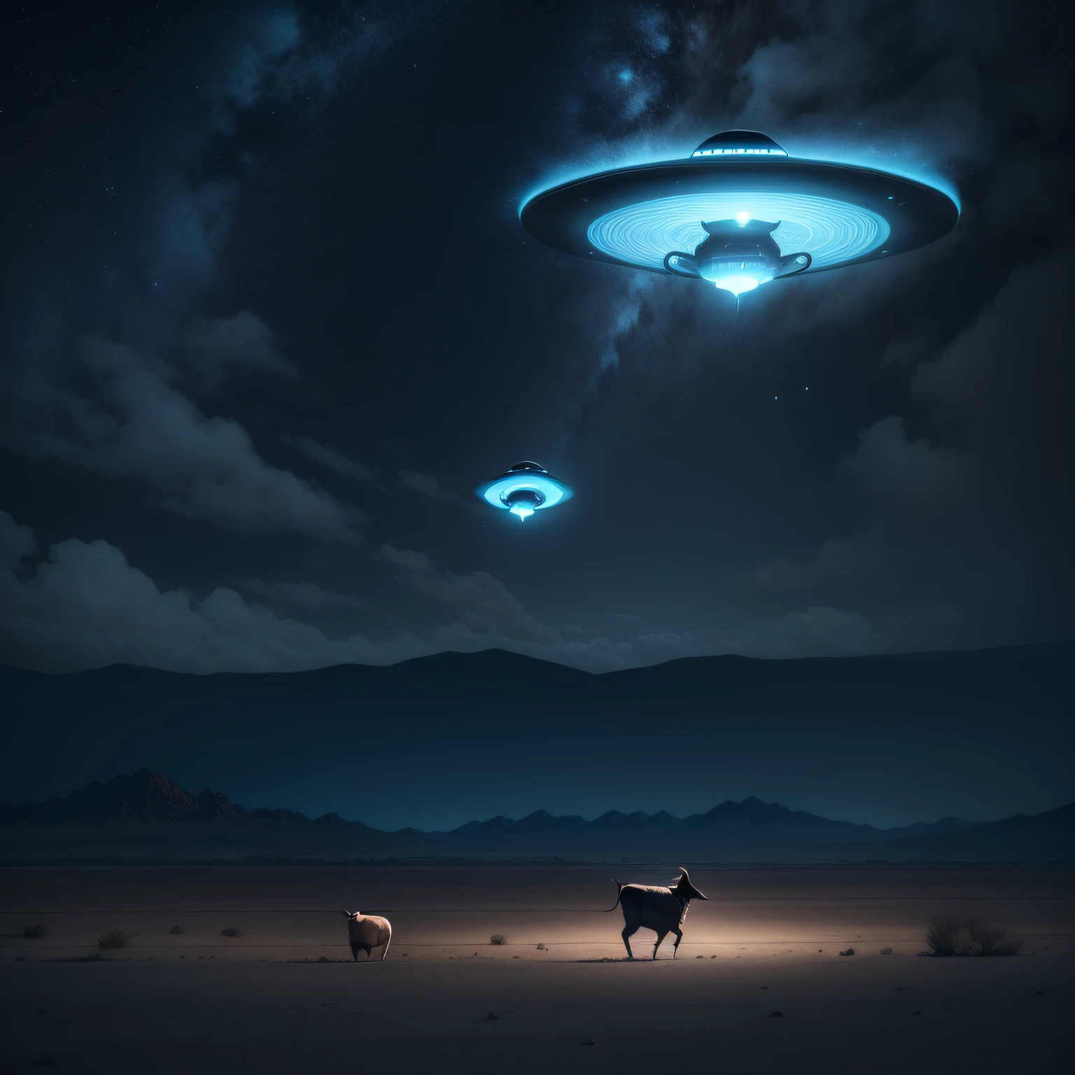uma imagem realista de uma vaca preta e branca, levitating towards a flying saucer with a soft blue light, at night, in area 51, Nevada, Estados Unidos^)