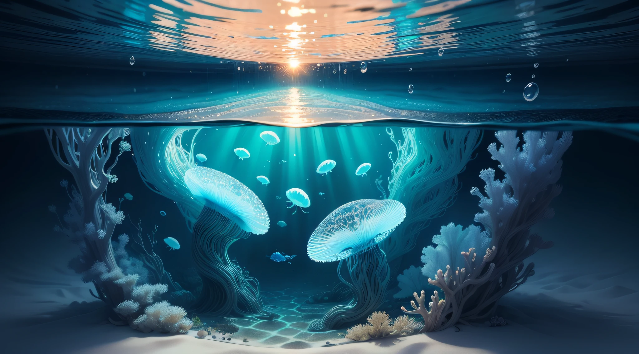 Masterpiece,(Best quality),Highly detailed,Ultra-detailed,Realist,(under the water:1.5),wide wide shot,(Buble:0.3),peaceful and serene,Clean seawater,(A small amount of jellyfish:1.2),