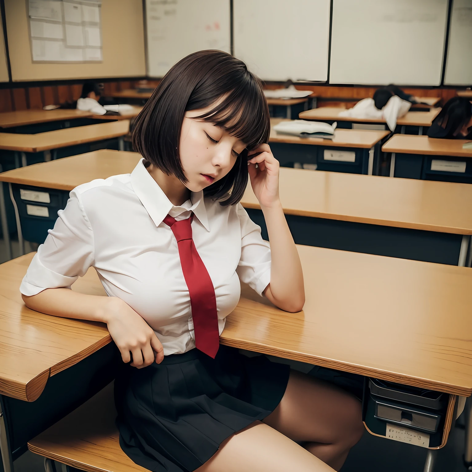 4K, 15yo student, japanes, teens girl, a junior high school student, ‎Classroom, desk work, Sit up, (((dozing))), Short bob hair, White shirt with dark red tie, Checked pleated skirt, Pencil, Colossal tits, (((Face down on the desk))), droolng