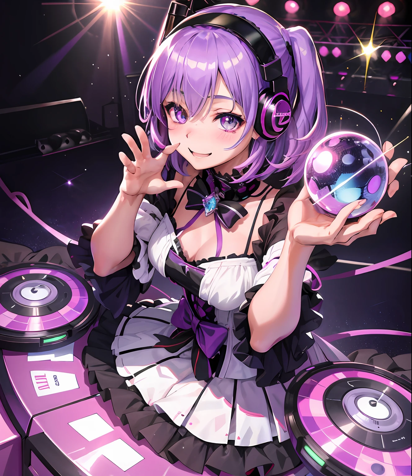 masutepiece、Ultra-high-definition digital art、(nffsw)、girl with、purplehair、short-hair、kawaii faces、((Happy face))、Lolita Performance Wear、headphones、(AJC Booth)、Crystal clear skin、beautidful eyes、disco、mirror ball、turntable、Floor Audience、Glitter、perfect hand、intricate detailes、sharpnes、Live Performances