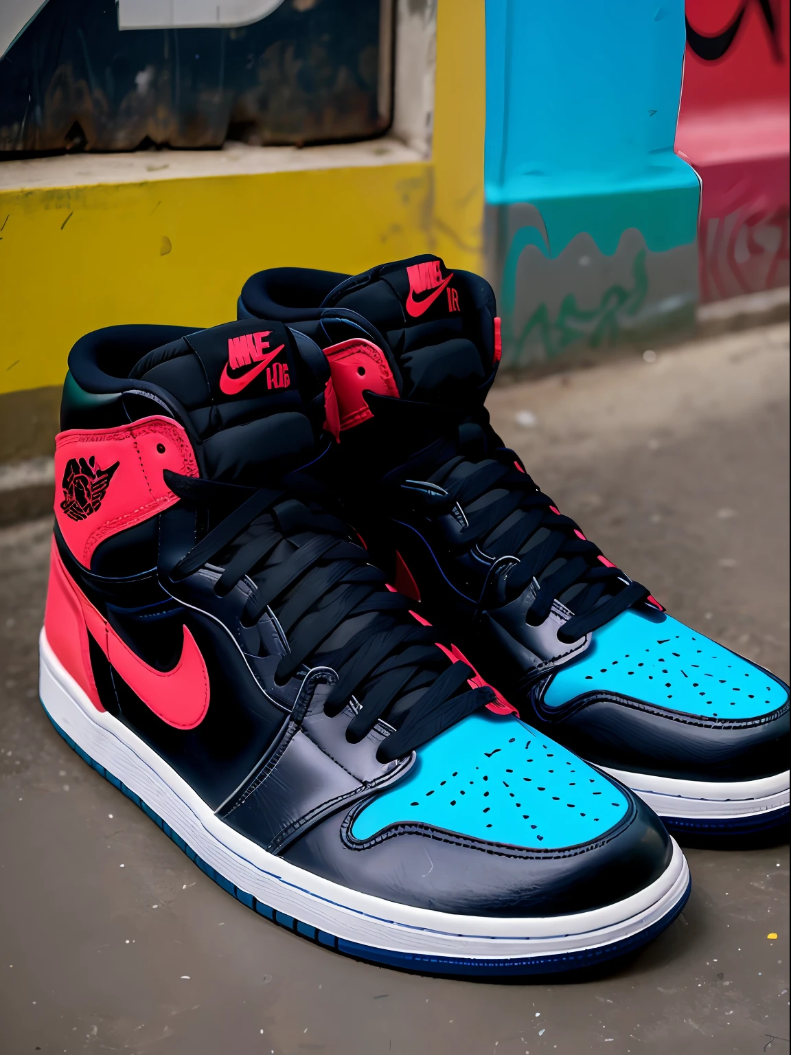 Imagine the realistic RAW photo of a Nike Air Jordan 1 sneaker in a slum alley, inspired by the unique and vibrant style of artist Jean-Michel Basquiat. 8k, alta qualidade, The design is full of vivid colors, expressive lines and characteristic elements of Basquiat's works, textura de couro,desenhos, neo expressionismo, nike customizado. The environment is a favela with a lot of graffiti and urbanism., piso molhado e asfato, canos de ferro ao fund da iamgem e um carro muito velho. Use your imagination to create this artistic shoe full of personality!