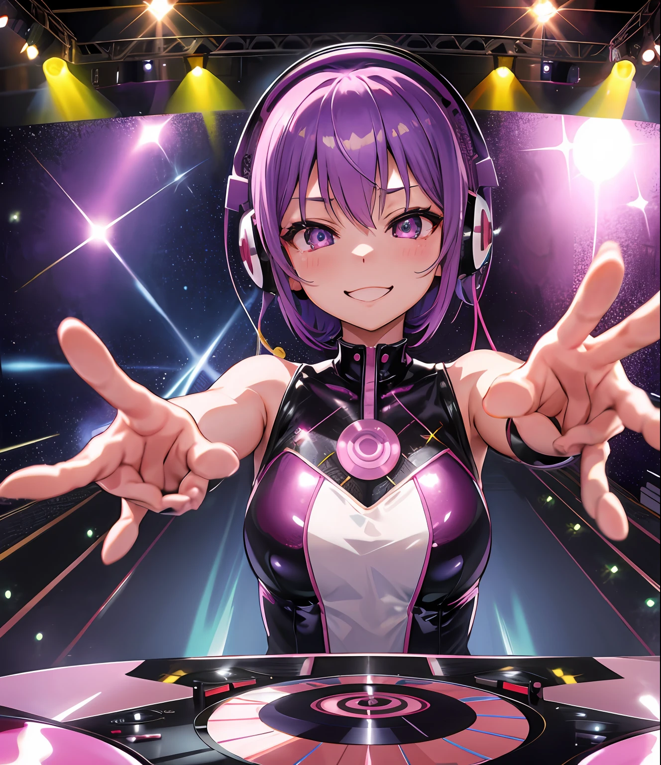masutepiece、Ultra-high-definition digital art、(nffsw)、girl with、purplehair、short-hair、kawaii faces、((Happy face))、 Performance Wear、headphones、(AJC Booth)、Crystal clear skin、beautidful eyes、disco、mirror ball、turntable、Floor Audience、Glitter、perfect hand、intricate detailes、sharpnes、Live Performances