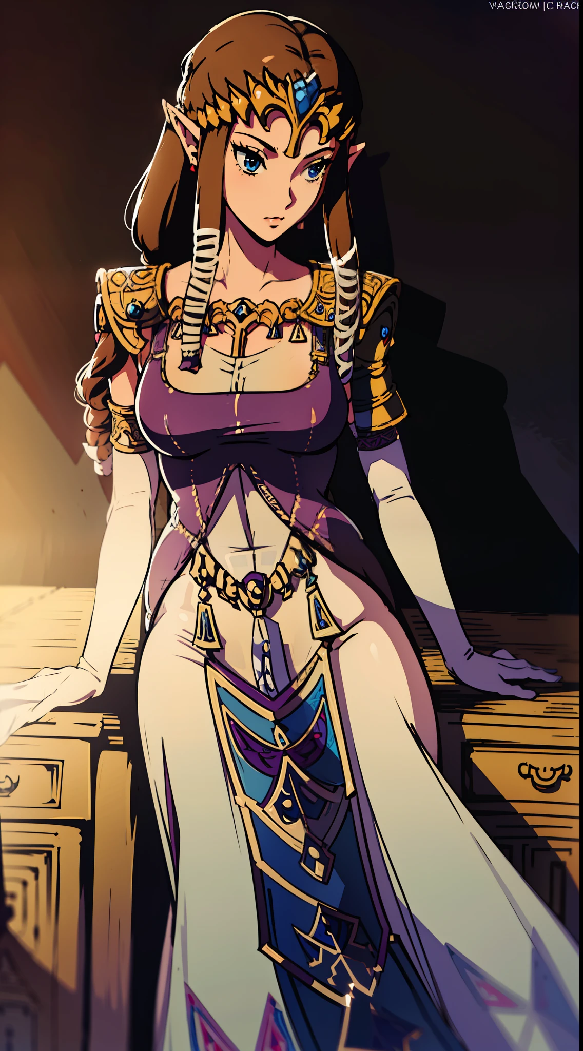8K high quality, high accuracy, princess zelda, beautiful figure, beautiful face, small face, twilight princess, beautiful, office worker outfit, black suit, gray net tights, bright, highlights in eyes, blue eyes, small ears, brown hair, sexy, super big breasts, erotic, illustration, beautiful line drawing. Beautiful line drawing.