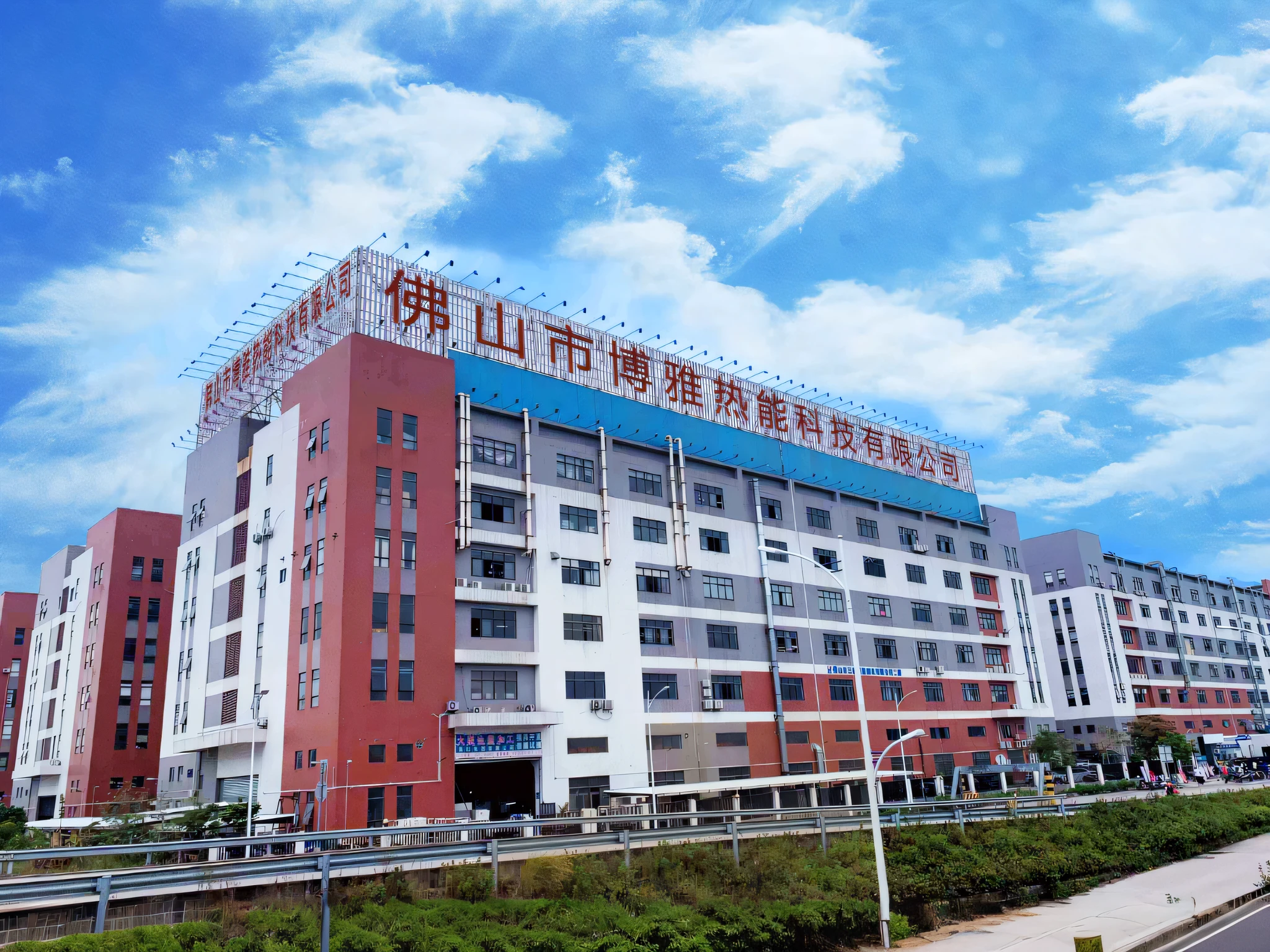 There is a large building,There is a logo at the top, full building, introduction factory photo, guangjian, guangjian huang, Office building, jin shan, modern technology building, Eat Zhuoxin, Chiba Yuda, qiangshu, hospitals, diaper disposal factory, medical complex, jinyiwei, medical research facility