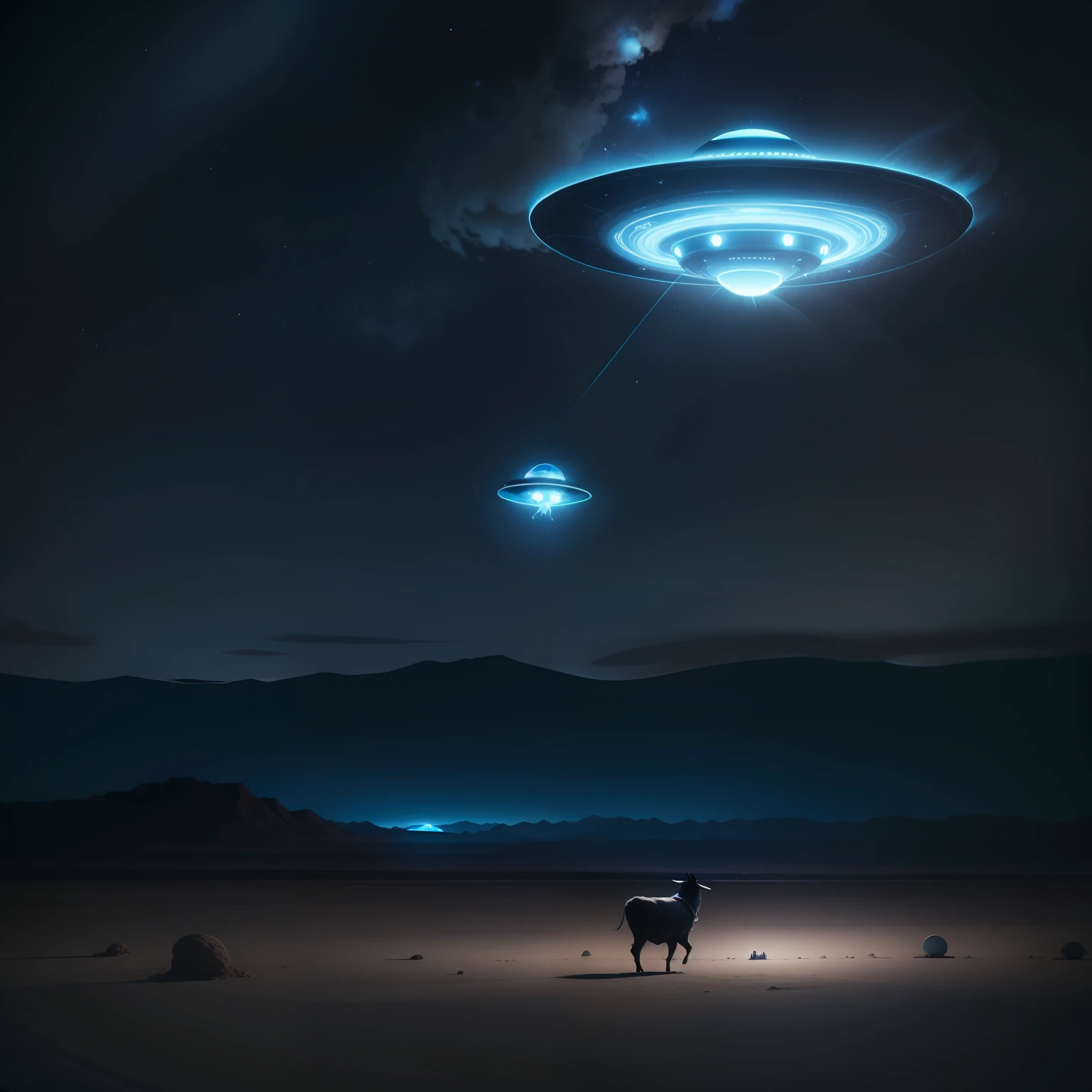 uma imagem realista de uma vaca preta e branca, levitating towards a flying saucer with a soft blue light, at night, in area 51, Nevada, Estados Unidos^)