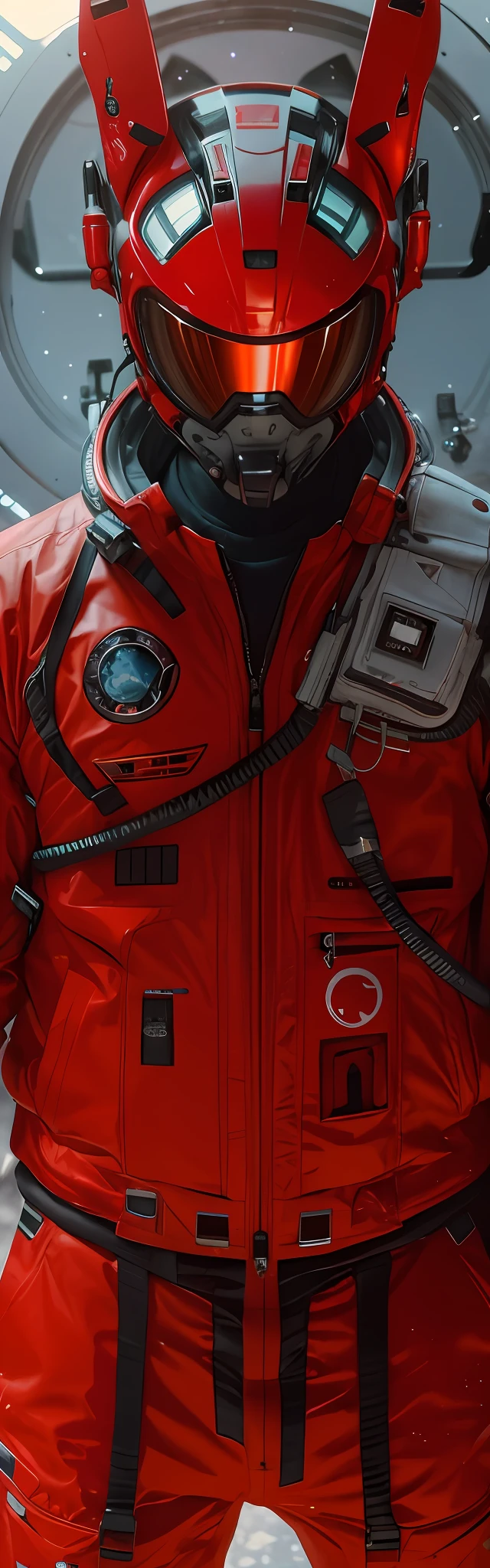 In front of the satellite stood a man in a red spacesuit, wojtek fus, sci - fi details, science fiction suit, intense sci-fi details, Ultra detail. Digital painting, science fiction suit, Tech flight suits, Advanced technology flight suit, craig mullins style, detailed sci-fi art, futuristic spacesuit, Sci-fi spacesuit