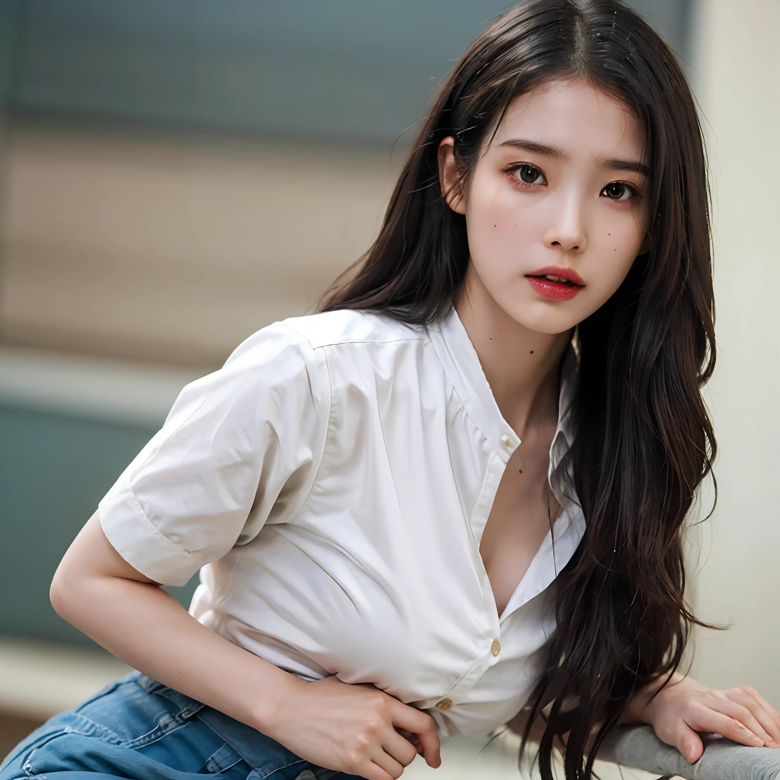 nikon RAW photo,8 k,Fujifilm XT3,photorealistic,realistic, solo, photorealistic, best quality, ultra high res, (skin spots:0.1) serious expression, , standing against a school at daylight, schoolgirl suits, short, wet and tight shirt, skirt beautiful, masterpiece, best quality, extremely detailed face, perfect lighting, solo,1girl, sexy sight best quality, ultra high res, photorealistic, ultra detailed, masterpiece, best quality, iu1, nice butt and body figure