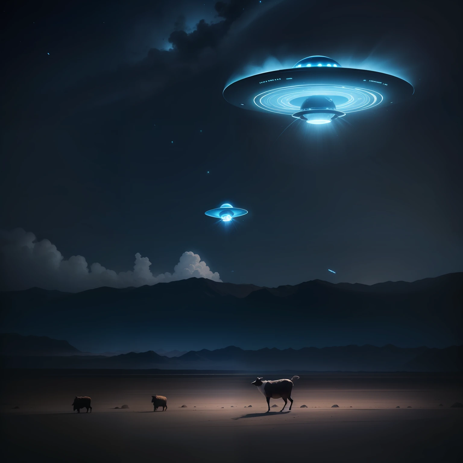 uma imagem realista de uma vaca preta e branca, levitating towards a flying saucer with a soft blue light, at night, in area 51, Nevada, Estados Unidos^)