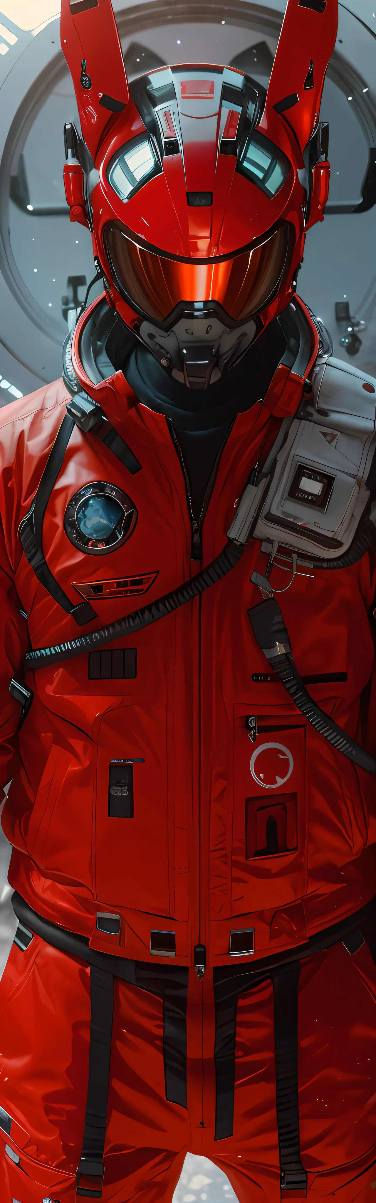 In front of the satellite stood a man in a red spacesuit, wojtek fus, sci - fi details, science fiction suit, intense sci-fi details, Ultra detail. Digital painting, science fiction suit, Tech flight suits, Advanced technology flight suit, craig mullins style, detailed sci-fi art, futuristic spacesuit, Sci-fi spacesuit