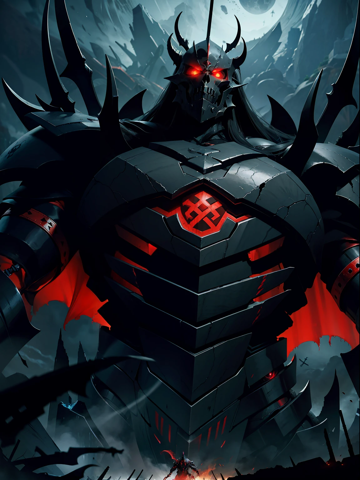 The Apocalypse Reaver is an imposing and nightmarish giant humanoid mech, standing at a staggering height of 50 feet (15 meters) The Apocalypse Reaver has a menacing and fearsome appearance, exuding an aura of malevolence. Its skeletal-like frame is composed of obsidian-black alloy plating, etched with eerie glowing runes and symbols that pulse with wicked power. The mech's eyes are piercing red, glowing with malevolent intent, and its metallic fingers end in razor-sharp claws. As it moves, the ground trembles beneath its immense weight, leaving a trail of devastation in its wake.