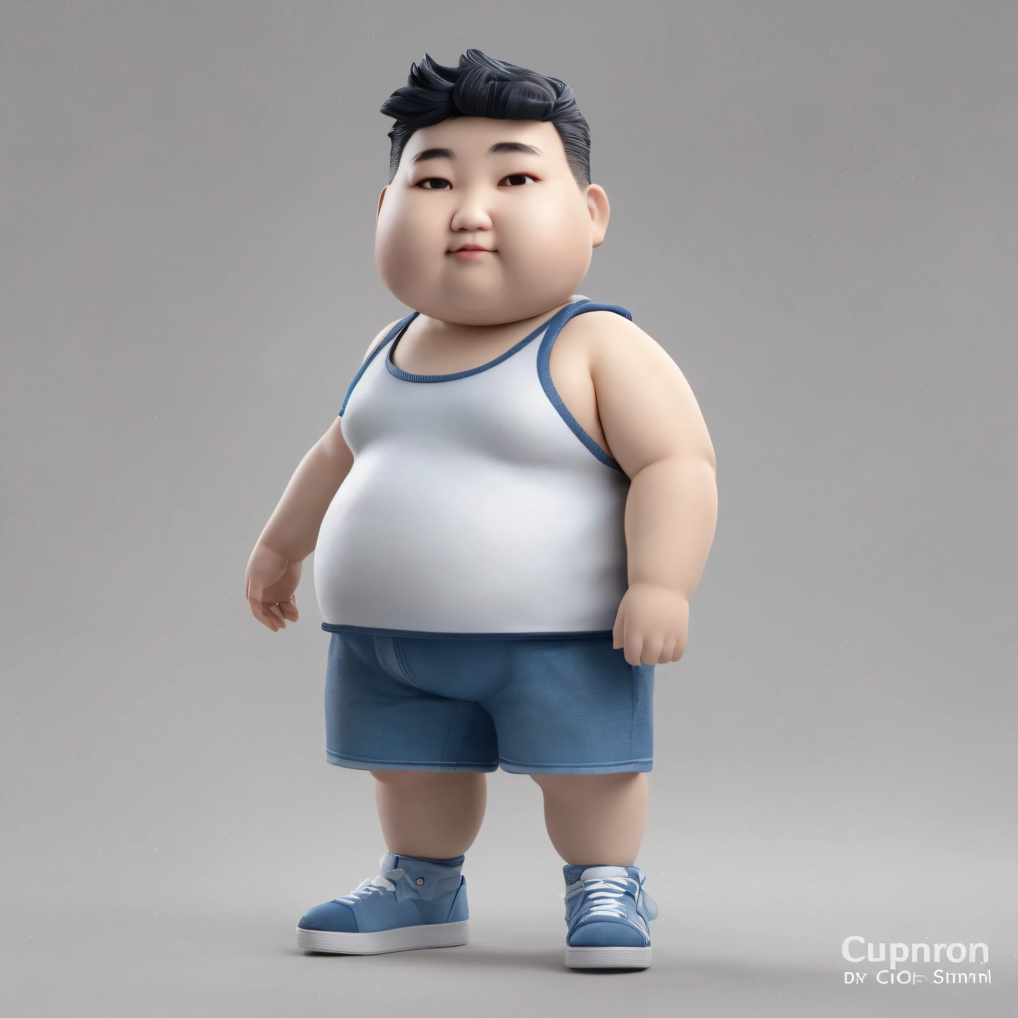 photographic portrait full body 3d render of young chubby chinese man, white tank top, denium blue shorts, dark short hair, chubby face, as a full body funko pop!, sigma 85mm f/1.4, 15mm, 35mm, 4k, high resolution, 4k, 8k, hd, full color