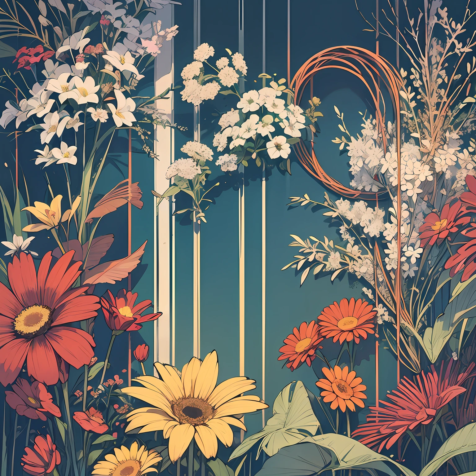 [(​masterpiece, Planar configuration, level, vertical, Equal spacing, Graphic Design)], [(a lot of small flowers, Composition with depth, Flowers bloom all over the screen, Floral motifs spaced across the screen, Vertical green stems are、From top to bottom of the screen、Sparse left-right spacing and depth spacing., lily flowers, gerbera)], [((Light blue-gray solid color background))],