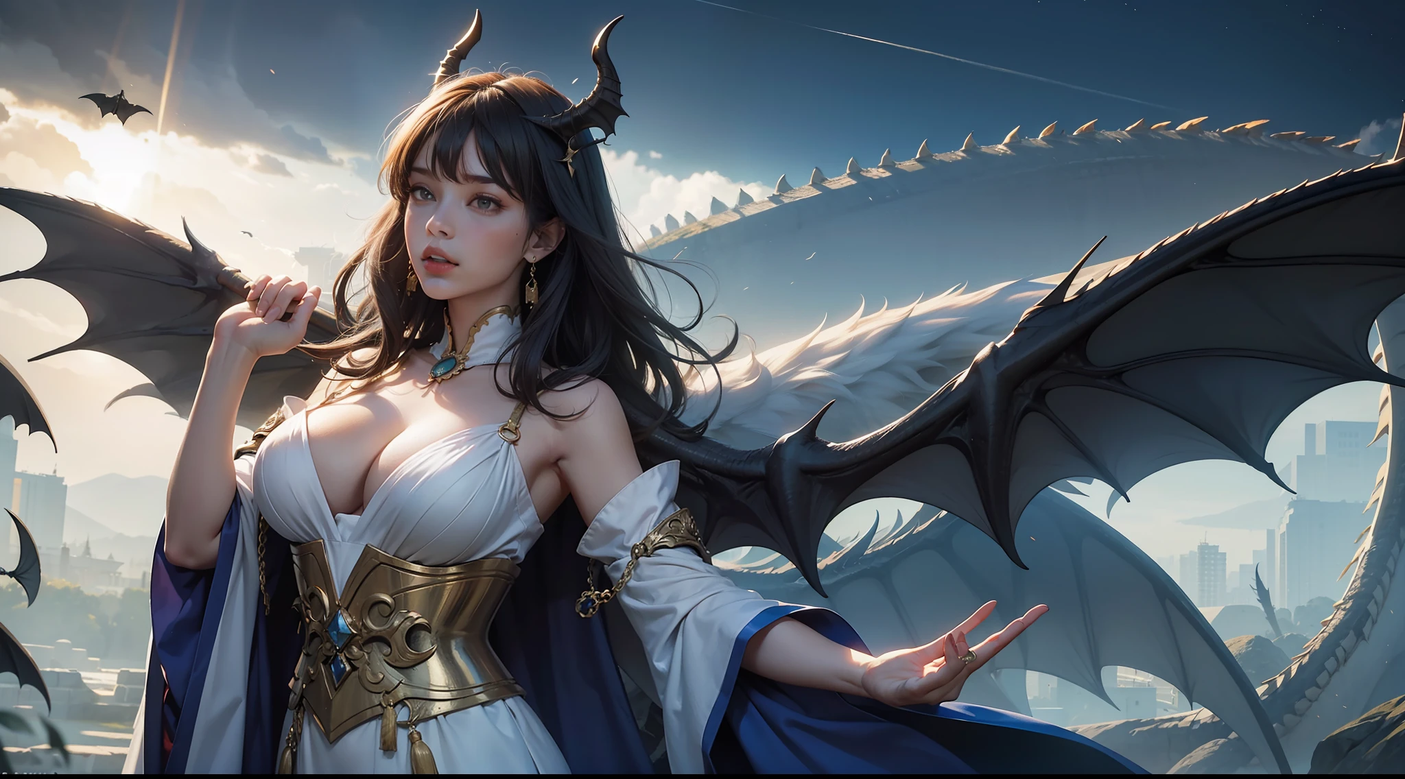 (8K,RAW photos,best qualtiy,tmasterpiece:1.2),ultra - detailed,offcial art,photo-realistic:1.37,upperbody shots,Confident and mature woman,Dragon's horn,Bat wings,Large breasts,magnificent robe,complex patterns,magia,borgar,Natural hair,filmgrain,actionpose,rays of sunshine