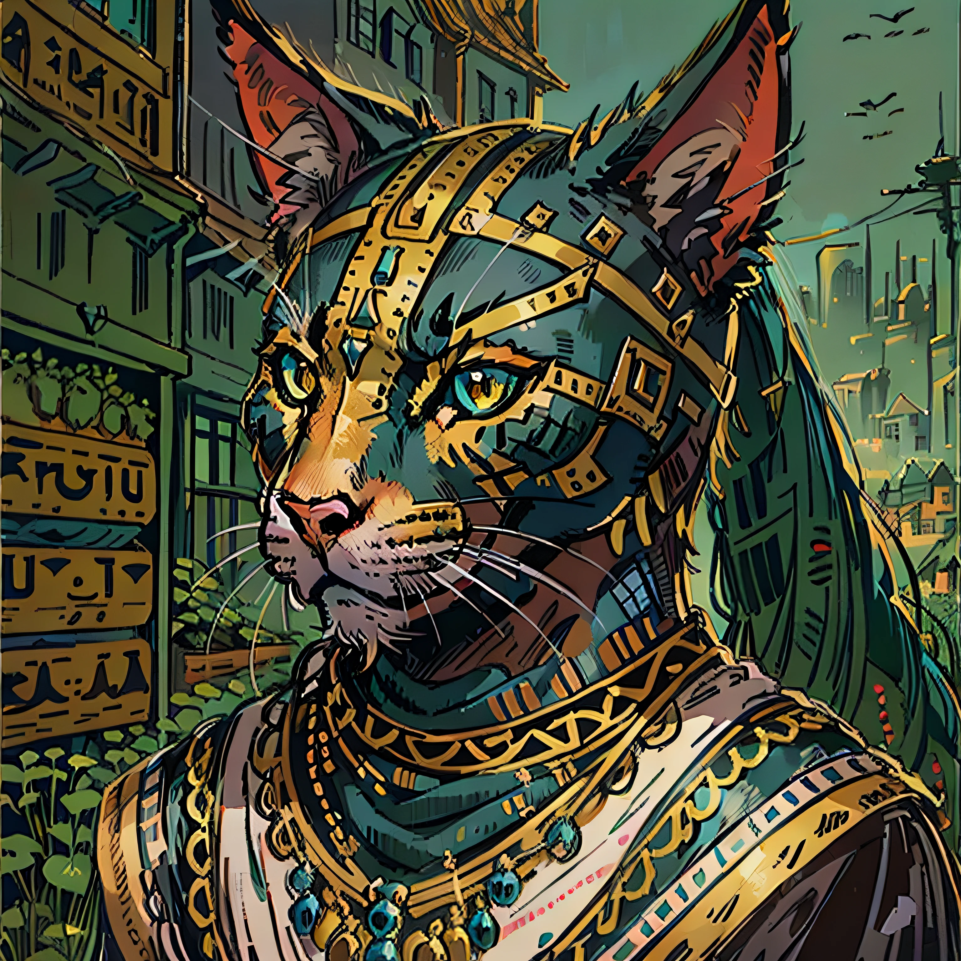 tabaxi rpg race, anubis Egyptian inspiration, cat face humanoid, villager, commom clothes, , character, medieval fantasy, close up portrait