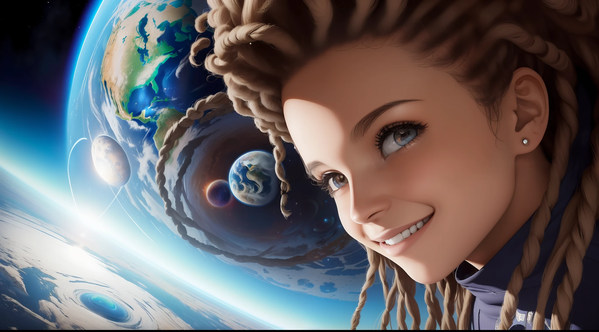 ((deslumbrante menina, retrato, sorrindo, cabelos loiros compridos, olhos brilhantes, dread, The planet earth as seen from space)) imagem deslumbrante, obra prima , melhor qualidade, feliz, uso eficaz de luz sombra, hiper realista realista 3d,