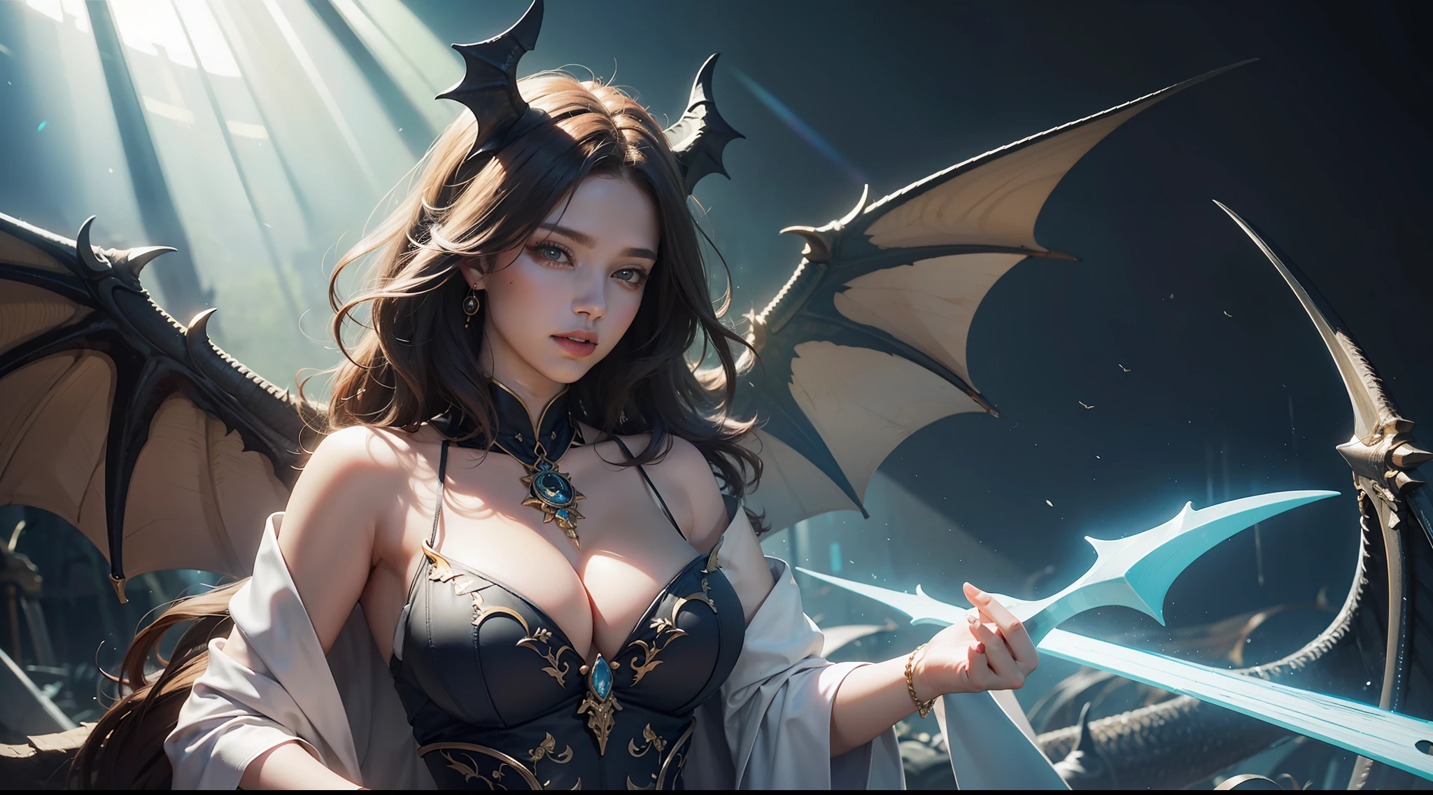 (8K,RAW photos,best qualtiy,tmasterpiece:1.2),ultra - detailed,offcial art,photo-realistic:1.37,upperbody shots,Confident and mature woman,Dragon's horn,Bat wings,Large breasts,magnificent robe,complex patterns,magia,borgar,Natural hair,filmgrain,actionpose,rays of sunshine