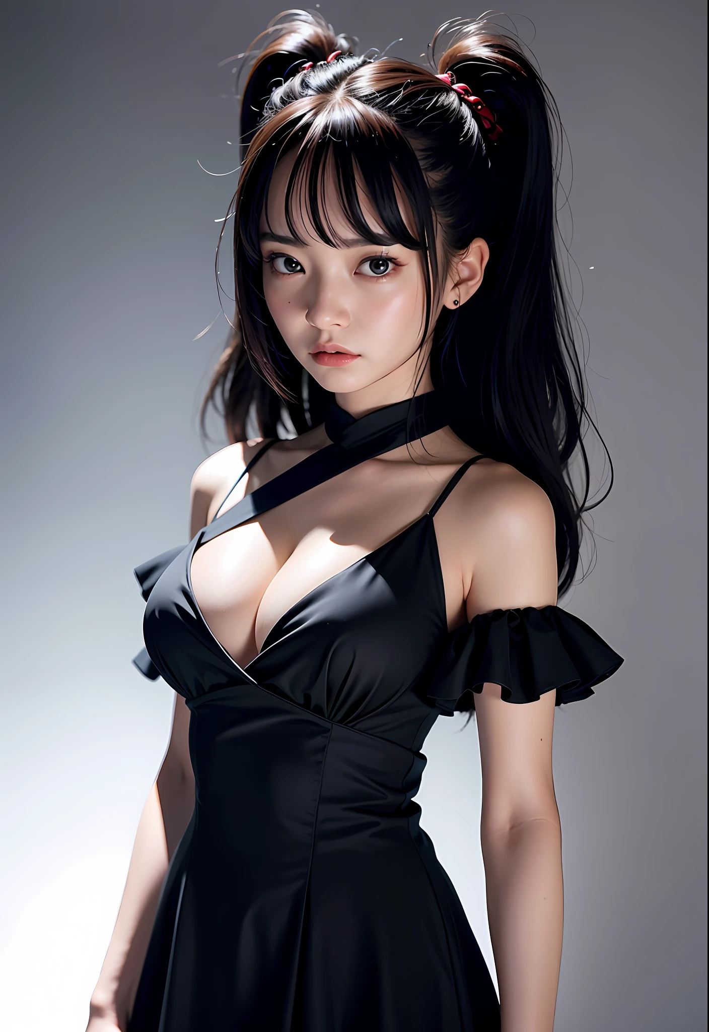 8K、Top image quality、​masterpiece、25-years old、(1 adult female)、Black Off Shoulder Dress、Horror style、angry expressions、The dim、The knife glows suspiciously、She's pretty excited、She holds a knife in the dim light、Glaring at us