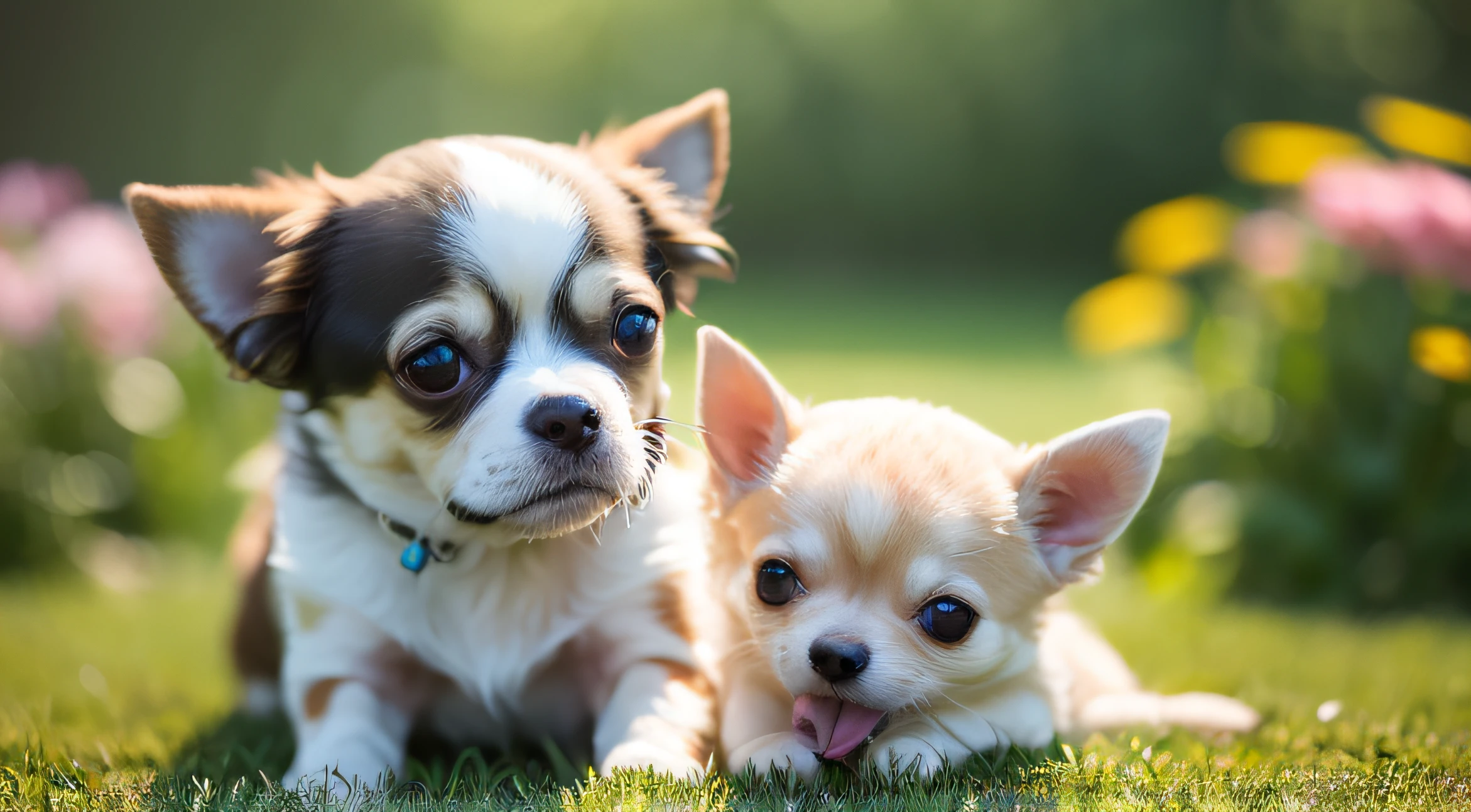 Chihuahua parent and child、(((Has a small)))、lawn、Cute Flowers、in 8K、professional photograpy、delicate、vivid、Sheer sunlight、Light leak、​masterpiece、(((lovely)))、plushies、Round pupils、The tongue is sticking out