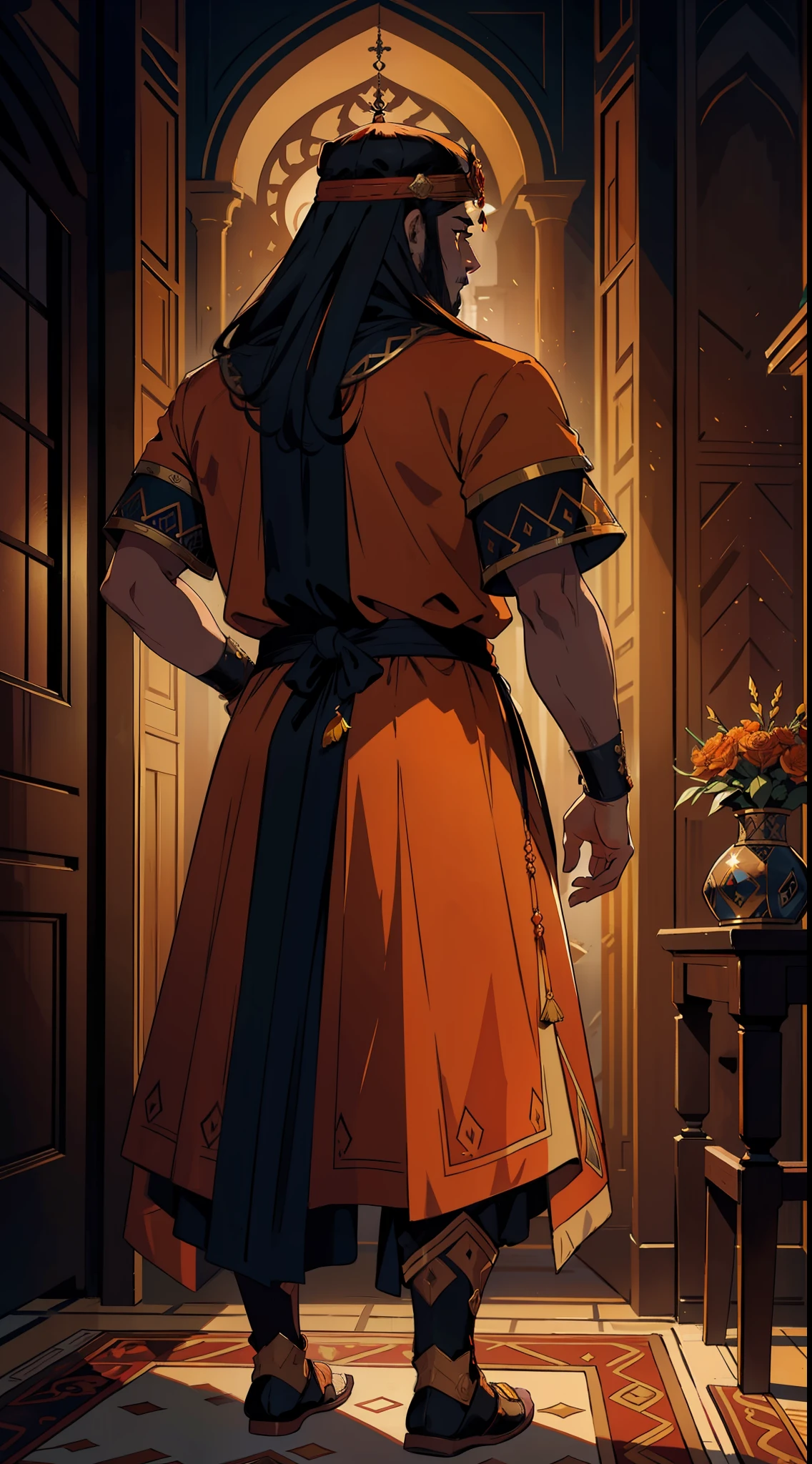 "A regal Sultan, a majestic King of the Andalus, captured in a powerful silhouette, with a touch of darkness and a warm color palette of blazing orange and rich tawny tones, shot from behind, we only see his back only,"