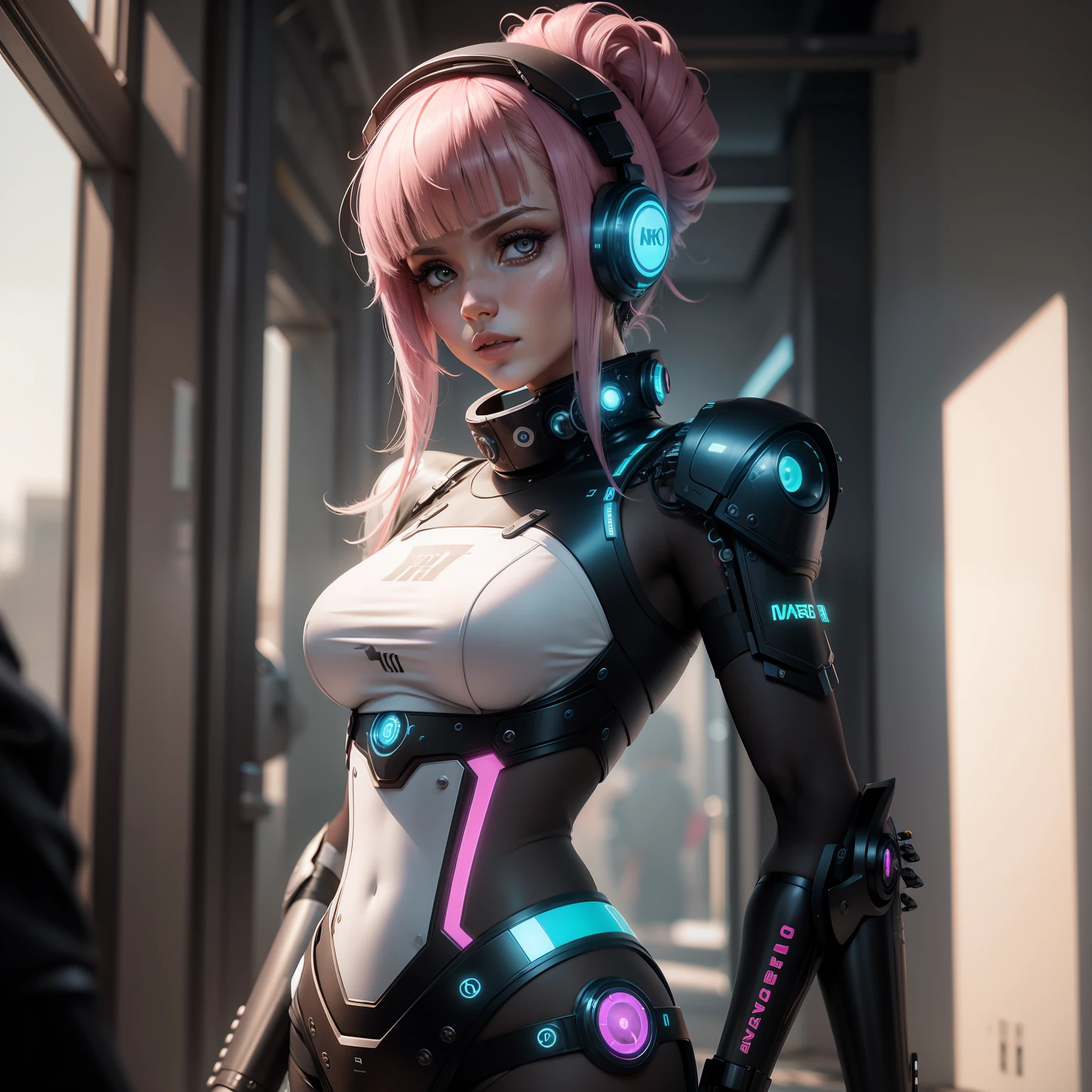 Robo mulher metade humana, metade robo, ciber punk, roupas curtas ultra realista 8k
