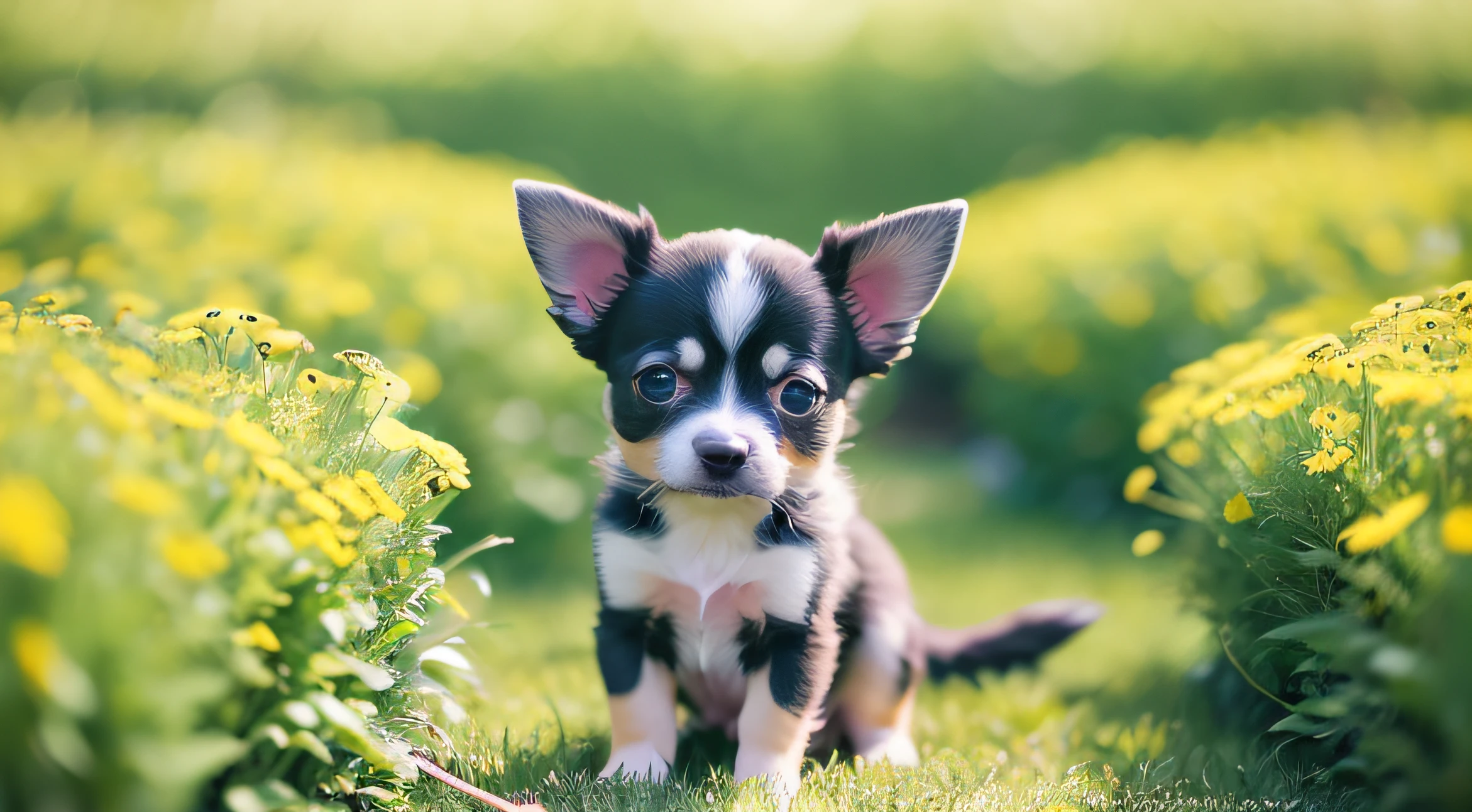 no humans、Chihuahua puppy、(((Has a small)))、lawn、flower  field、in 8K、professional photograpy、delicate、vivid、Sheer sunlight、Light leak、​masterpiece、(((lovely)))、plushies、Round pupils、The tongue is sticking out