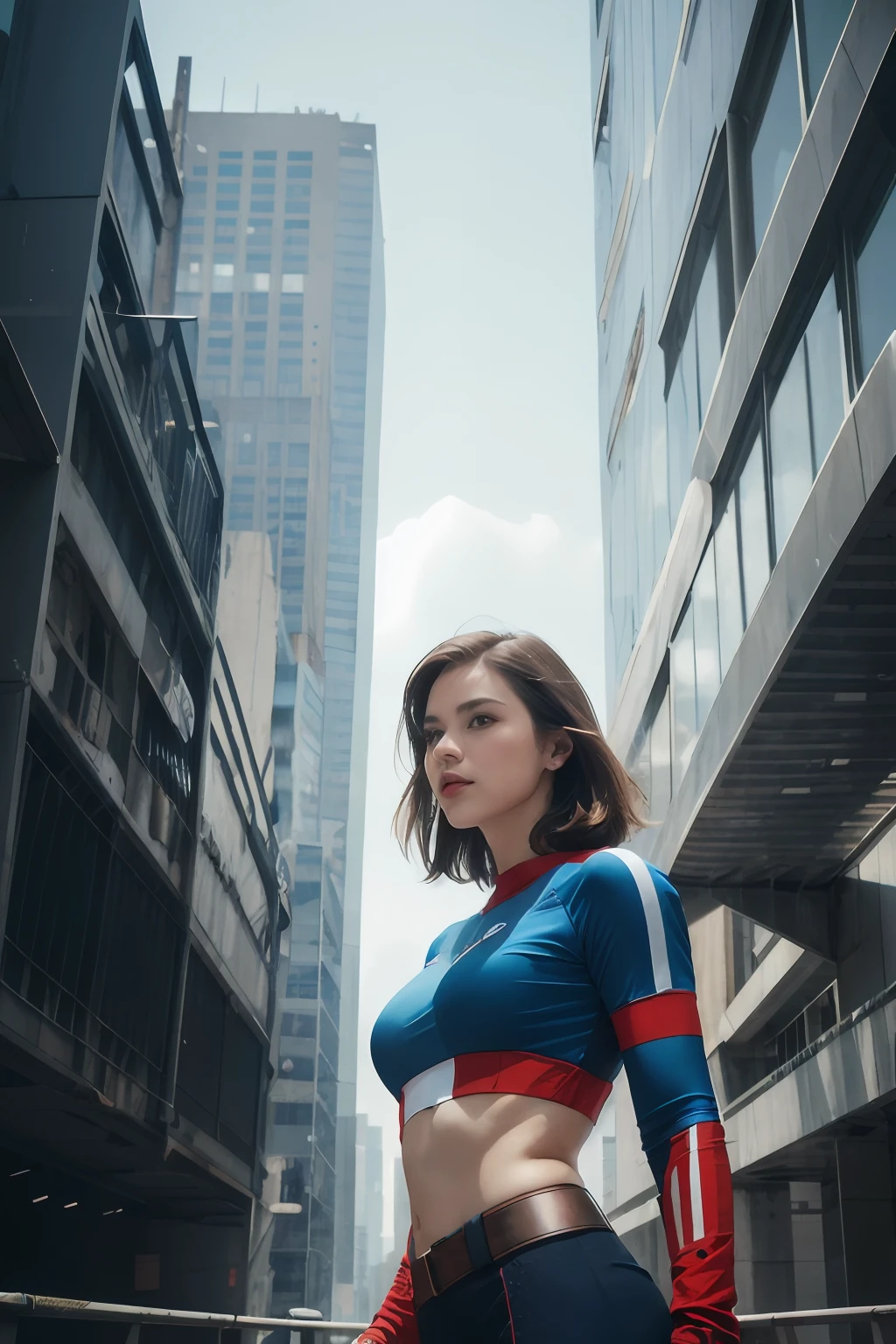 (1girl:1.3), solo, __body-parts__, official art, unified 8k wallpaper, super detailed, beautiful and aesthetic, beautiful, masterpiece, best quality, raw, masterpiece, super fine photo, best quality, super high resolution, photorealistic realism, sunlight, full-body portrait, amazing beauty, dynamic pose, delicate face, vibrant eyes, (from the front), she wears a futuristic Captain America jersey, blue color scheme, (holding a shield), A capital A on chest, very detailed abandoned warehouse background, detailed face, detailed complex busy background, messy, gorgeous, milky white, highly detailed skin, realistic skin details, visible pores, sharp focus, volumetric fog, 8k uhd, DSLR camera, high quality, film grain, fair skin, photo realism, lomography, huge metropolis in future dystopia, seen from below, translucent