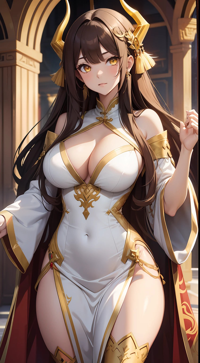 Tall girl, Long brown hair, dragon horns, Yellow eyes, white chinese dress, Gold inserts, open thighs, neckline on the chest, Masterpiece, hiquality