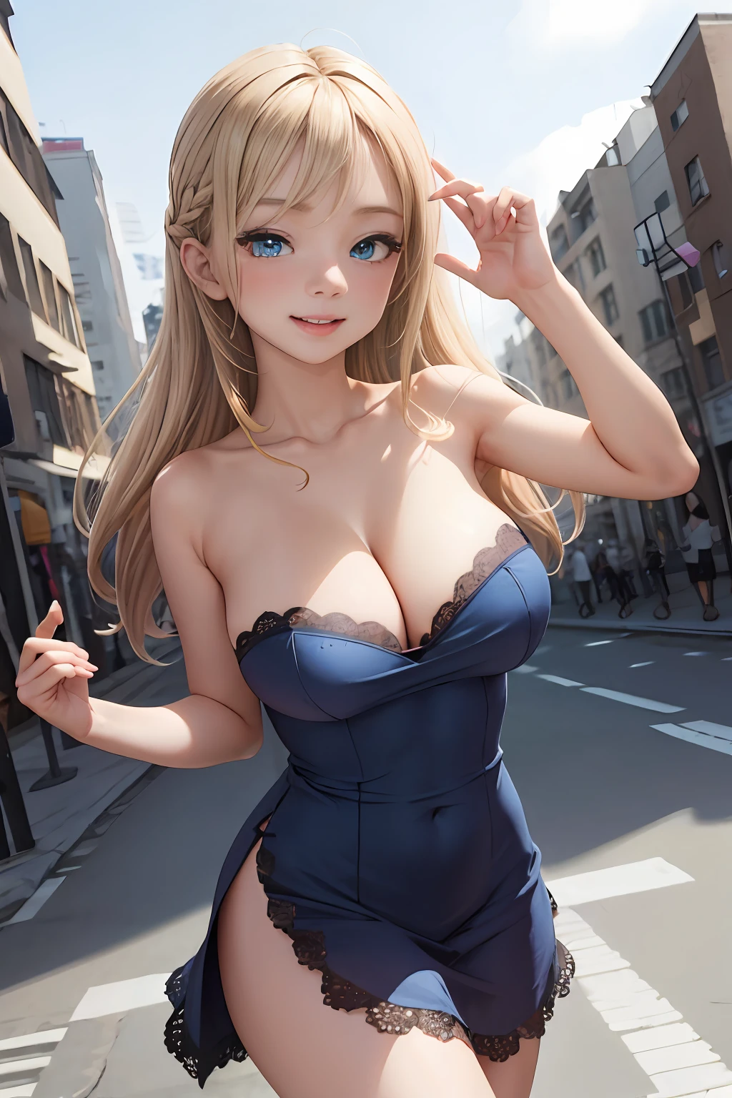1girll,Blue lace strapless dress, ((boobgasm:Very large breasts,Huge breasts),Super big),blond hairbl, Happy jumping,Jump high,Long flowing hair,cheerfulness,Pleasure, urban backdrop, perfect eyes, perfect hand, 超高分辨率, Movie Angle, Professional lighting, best qualtiy, tmasterpiece, Sideslit, Sharp, Perfect focus,Background bokeh,realisticlying,(Delicate eyes:1.3),realisticlying,(3D脸:1.1),(Glow skin:1.5),(Ultra-high resolution complex facial details),(Facial skin pores:1.3),Ultra-high ress fabric texture,8k eye details,8K pupils,