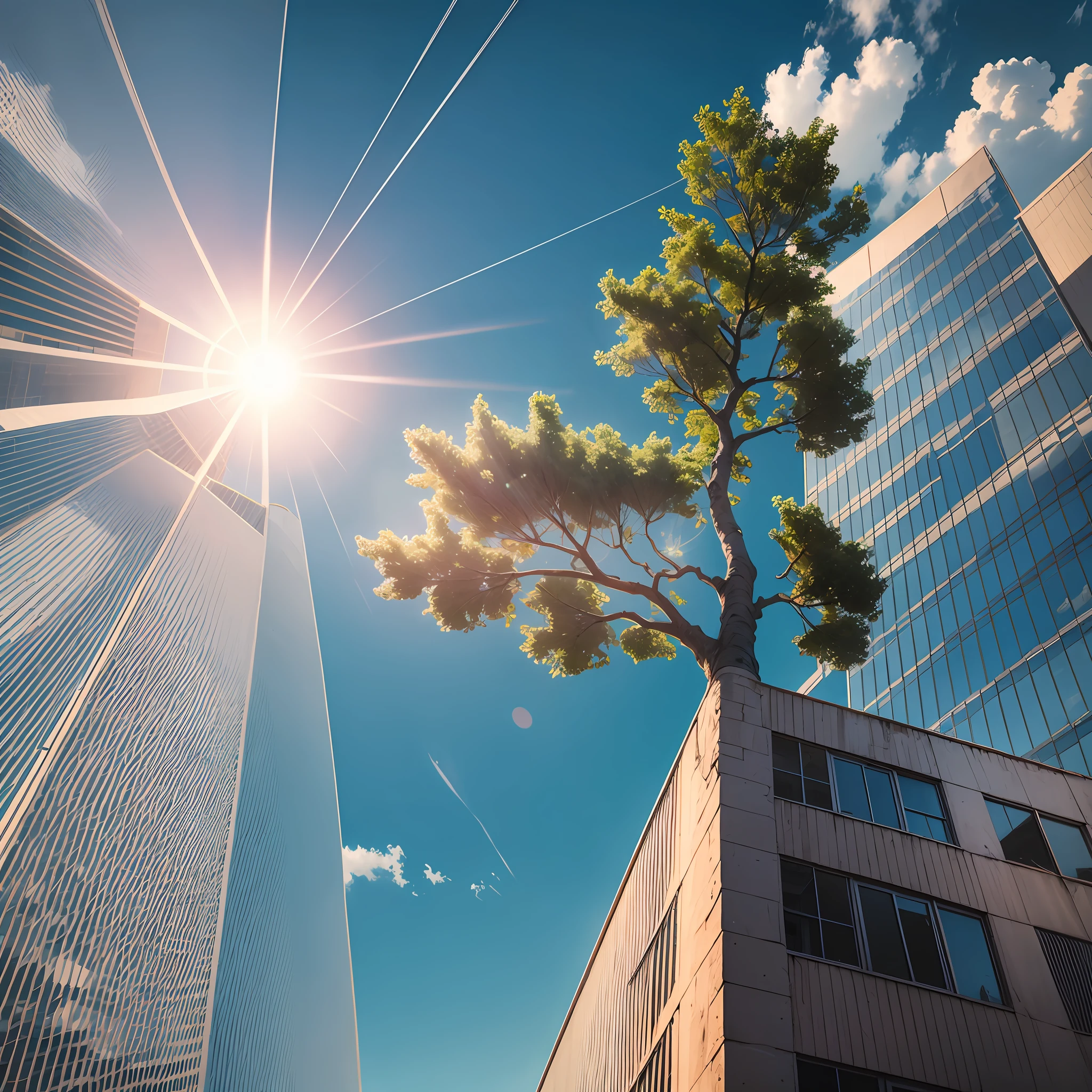 tree growing out of a company building with sun in the background --auto --s2
