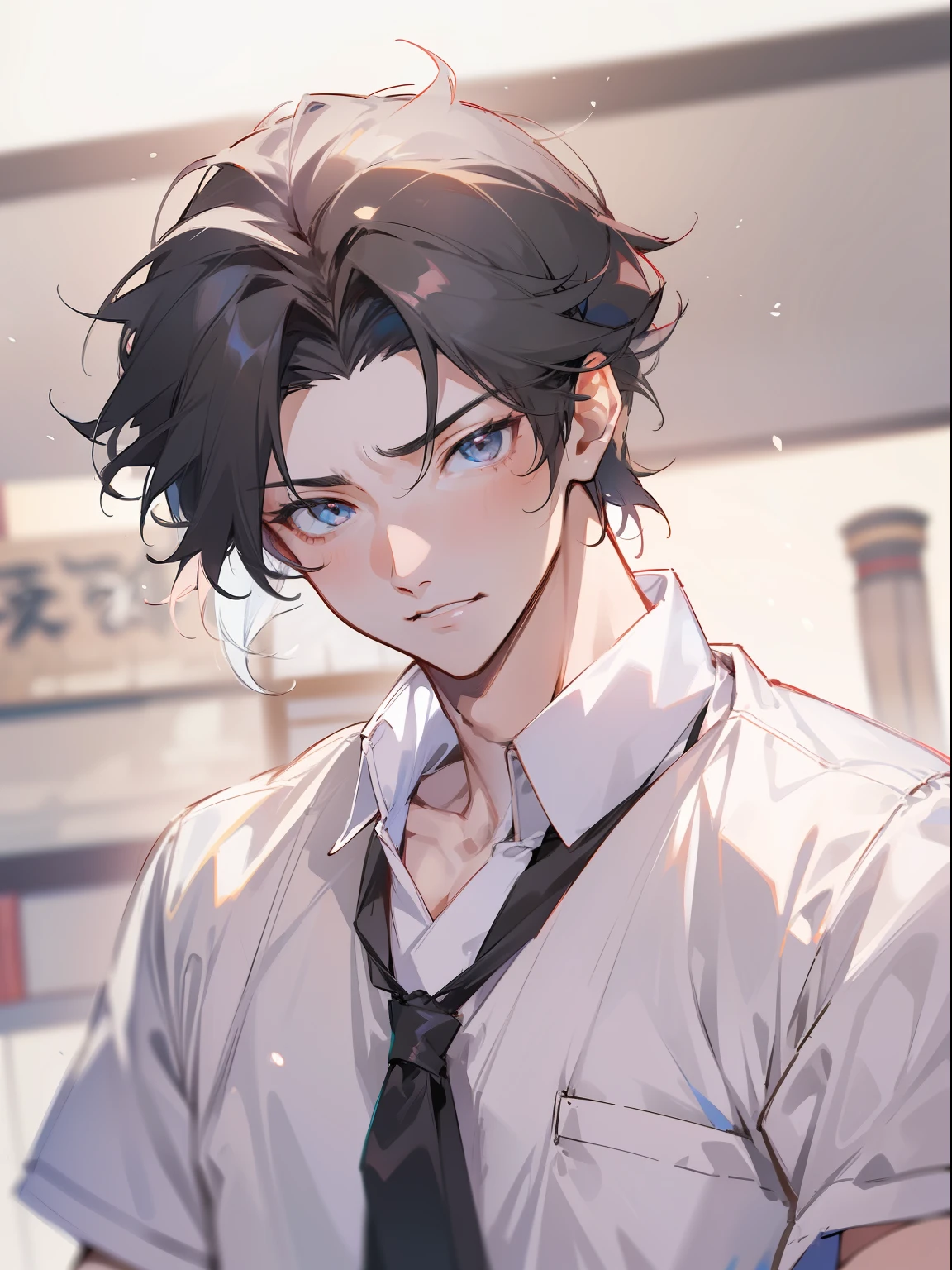 ultra detail,haigh quality,sketch,1boy,mature male,beautiful face,(black center parting hair:1.3),handsome male,pearl skin,white short sleeve shirts,drooping eyes,japanese high school,dynamic angle,japan anime,