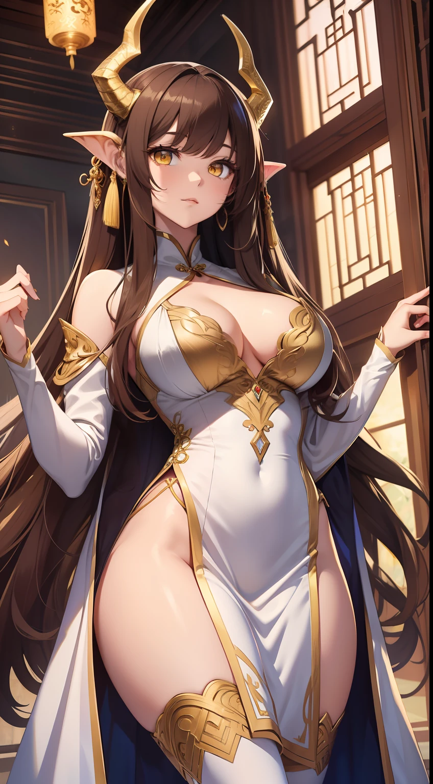 Tall girl, Long brown hair, dragon horns, Yellow eyes, white chinese dress, Gold inserts, open thighs, neckline on the chest, Masterpiece, hiquality