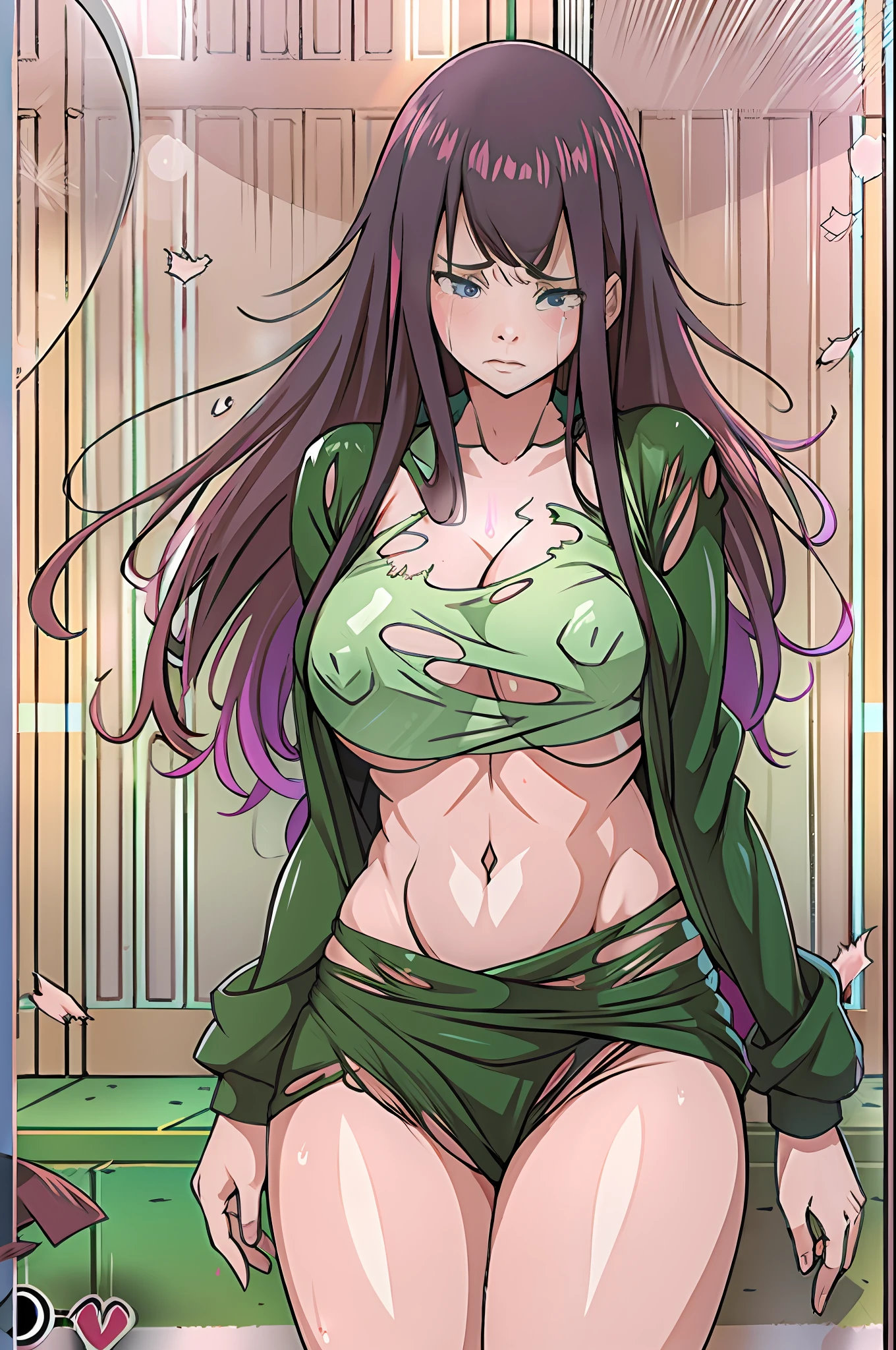 Full body photo, 1girll, bangs, Black hair, Breasts, Closed mouth, 鎖骨, Large breasts, Light blush, Long hair, Long sleeves, ((Masterpiece)),One girl,full bodyesbian, torn cloth, Open legs, hand behind head, Underarms, , Tears, Humiliated, 浴室,Long hair,Heart-shaped pupils, Torn clothes, upper legs,Pathetic,exhibitionism,Clothes open,breasts out