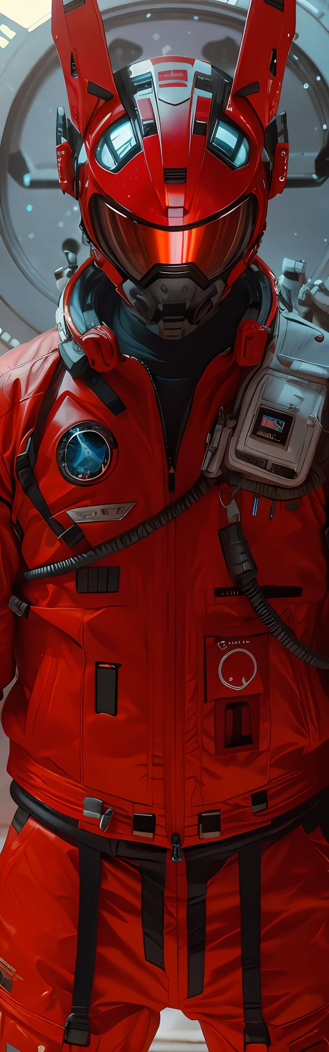 In front of the satellite stood a man in a red spacesuit, wojtek fus, sci - fi details, science fiction suit, intense sci-fi details, Ultra detail. Digital painting, science fiction suit, Tech flight suits, Advanced technology flight suit, craig mullins style, detailed sci-fi art, futuristic spacesuit, Sci-fi spacesuit