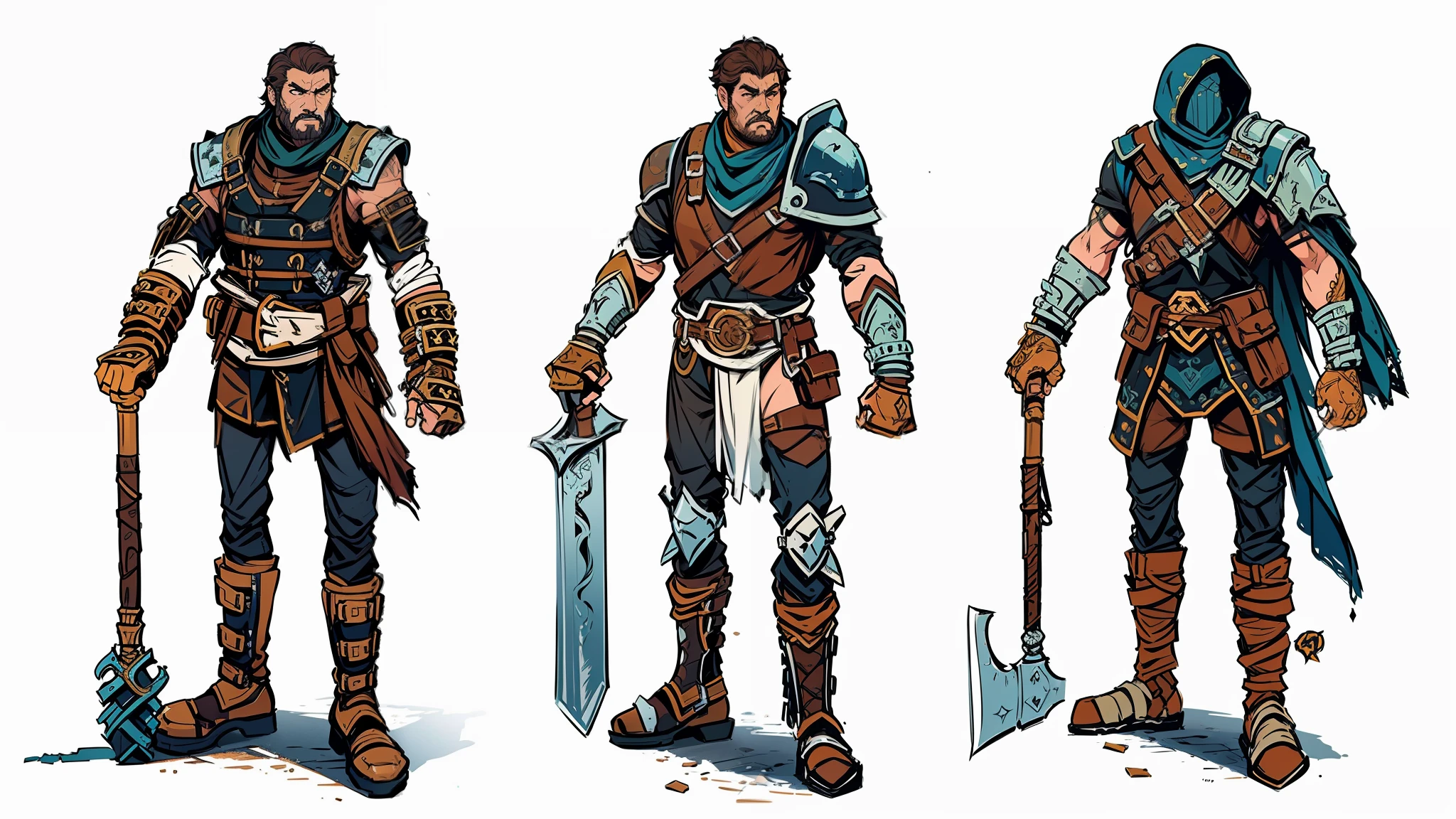 best quality, masterpiece, highly detailed, colored concept art sheet of three characters with weapons and leather and metal armor in a fantasy world, character concept art, warm colors, ultra sharp, realistic rendering, detailed full body, ultra detailed, 8k, trending on artstation, ultra realistic and sharp detail and intricate, intricate details, and style, simple background illustration, white flat background