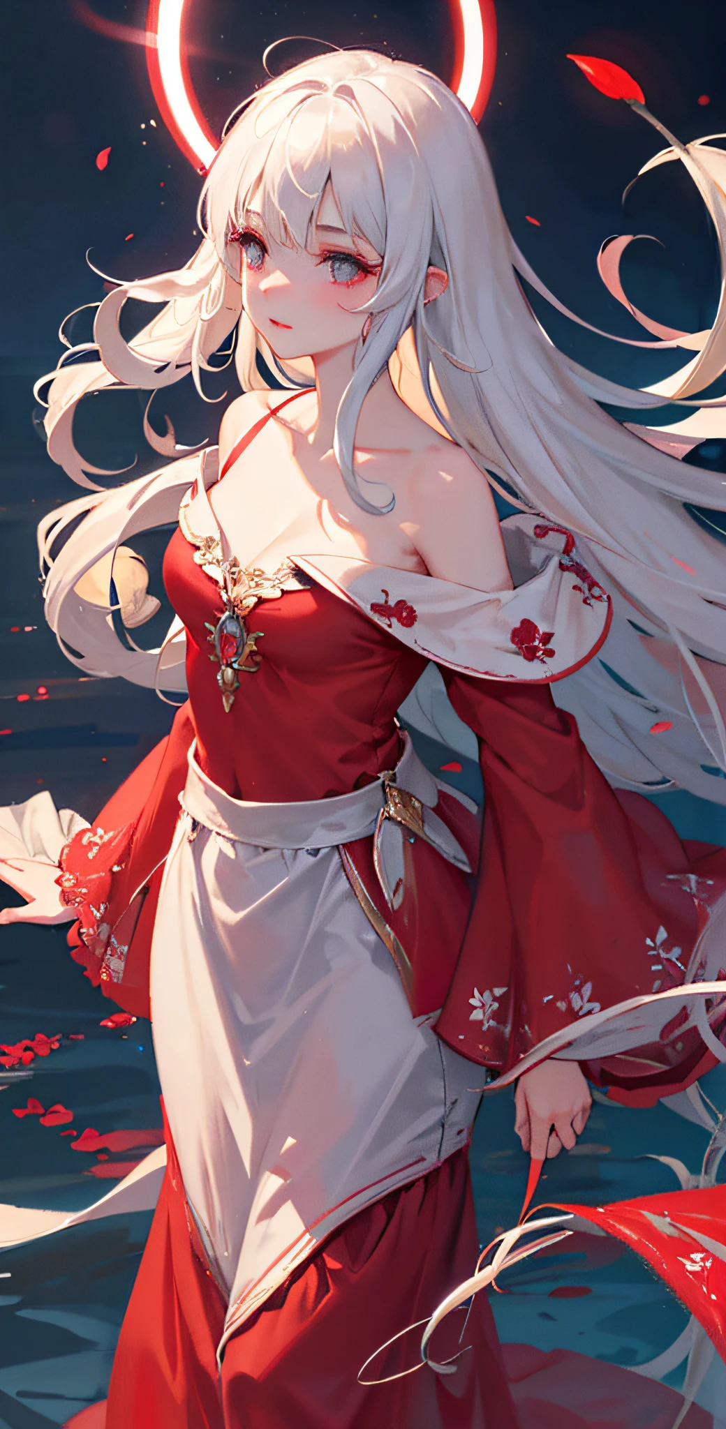Close-up, looking at the camera, beautiful girl, garlic, flower, (beautiful girl), delicate facial features, detailed portrayal of the corners of the eyes, bust photo, moist lips, sad eyes, long white hair, smooth and delicate skin, ((red clothes)), red long skirt, bare thighs, brilliant and colorful, fantasy art, mysticism, dream scene, dream, dream light, seduction, psychedelic, misty halo, (((night))), ((night)), river bank, full of flowers on the other side, dreamy, flying red tiny petals, Red fluorescent petals, fluorescent flowers, fluorescent flowing water, standing in water, shallow water, master works, extreme detail, dissection correctly, correct limbs, accurate, hud, HD, exquisite details, 8K, red light