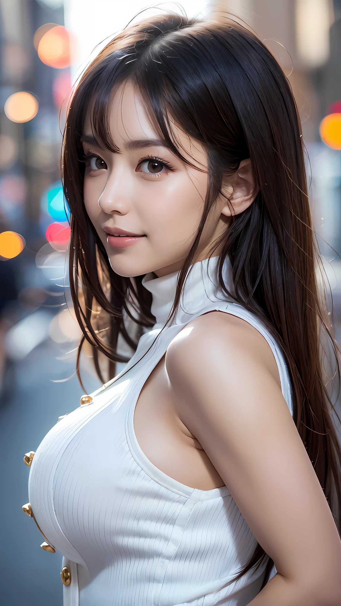 (8K, 超A high resolution, Best Quality, masutepiece:1.2)、RAW portrait of japanese girl、超A high resolution、top-quality、 (huge-ed,:1.8)、{Hide all breastOff-white shorts:1.5}、(Wearing a blue sleeveless turtleneck:1.5)、(hands to hips:1.6)、(In the street:1.2) BREAK (Natural Skin Texture、Detailed skin、Hyper-Realism、ultra sharpness)、intricate detailes、depth of fields、Sexy adult wo、Long black hair straight、Toned buttocks、((masttop-quality、high-detail))、(Photorealsitic:1.4)、独奏、closes mouth、Smile happily、big eye、Distinct double eyelids、Lashes、long neck、Absolute area、Clean collarbone、face perfect、thin lips、a small face、(gazing at viewer、Highlights in the eyes、Light brown eyes、lipgloss)、(From the side:1.5){pull、From head to foot、showing your whole body:1.8}