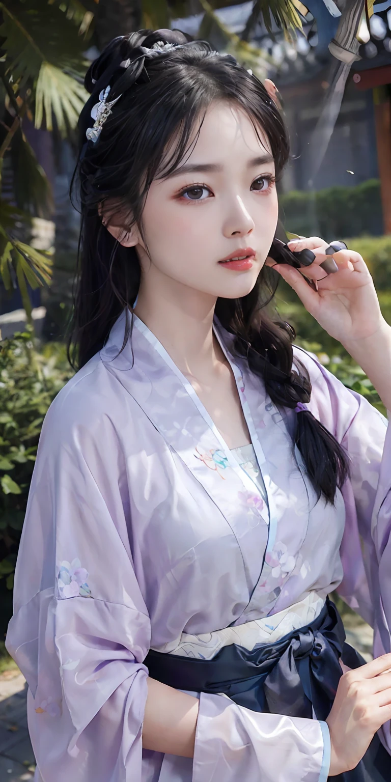 masterpiece, black_hair, 1 girl, looking at the audience, long_hair, nail_polish, solo, ancient art, Chinese,(8k, best quality, masterpiece:1.2), (realistic, realistic:1.2), (background sky: 1.2), (face close-up: 1.7), looking at the audience, hanfu, 1girl, (purple flower pine ink: 1.1), face close-up, detailed face, hanfu, song, long shan, pleated skirt,cinematic lighting, motion blur, ray tracing, god rays, bloom, drop shadow, close-up, lens flare, UHD, masterpiece, ccurate, anatomically correct, textured skin, super detail, High details, high quality, award winning, best quality, highres, 16k, HD, face close-up, close-up, ultra-close-up