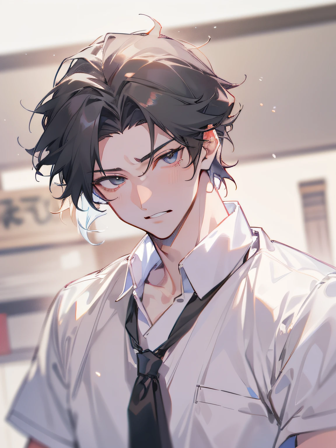 ultra detail,haigh quality,sketch,1boy,mature male,beautiful face,(black center parting hair:1.3),handsome male,pearl skin,white short sleeve shirts,drooping eyes,japanese high school,dynamic angle,japan anime,
