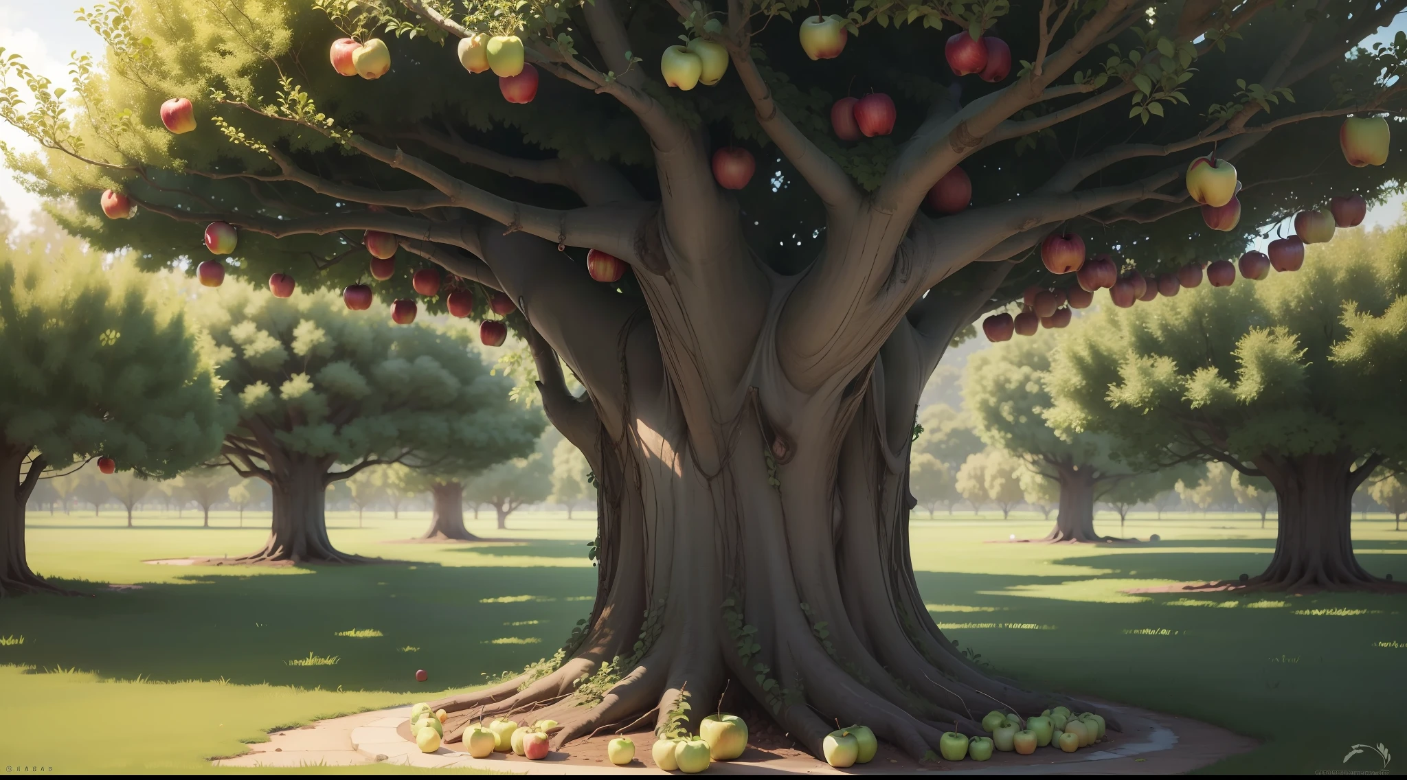 a large tree of apples, com detalhes exuberantes, um rio correndo ao lado