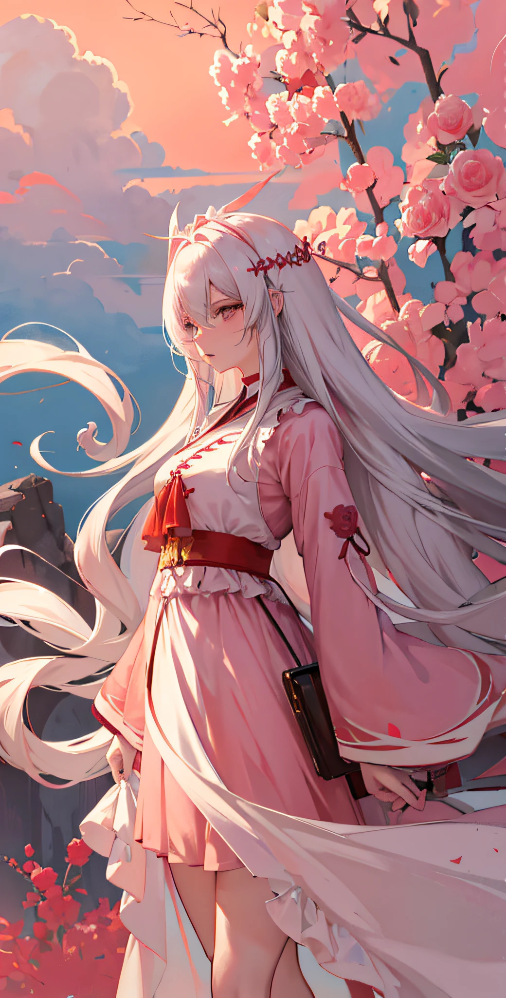 夏天,A desert,Pink clouds,In the garden there are anime girls with long white hair and red dresses,White-haired deity,Beautiful dress,Guvitz on the Pixiv Art Station,beautiful and seductive anime woman,delicate leg ,A land overgrown with roses stands beautiful girls,james gurney,Art station rendering,Ultra-wide lens,High- sharpness,