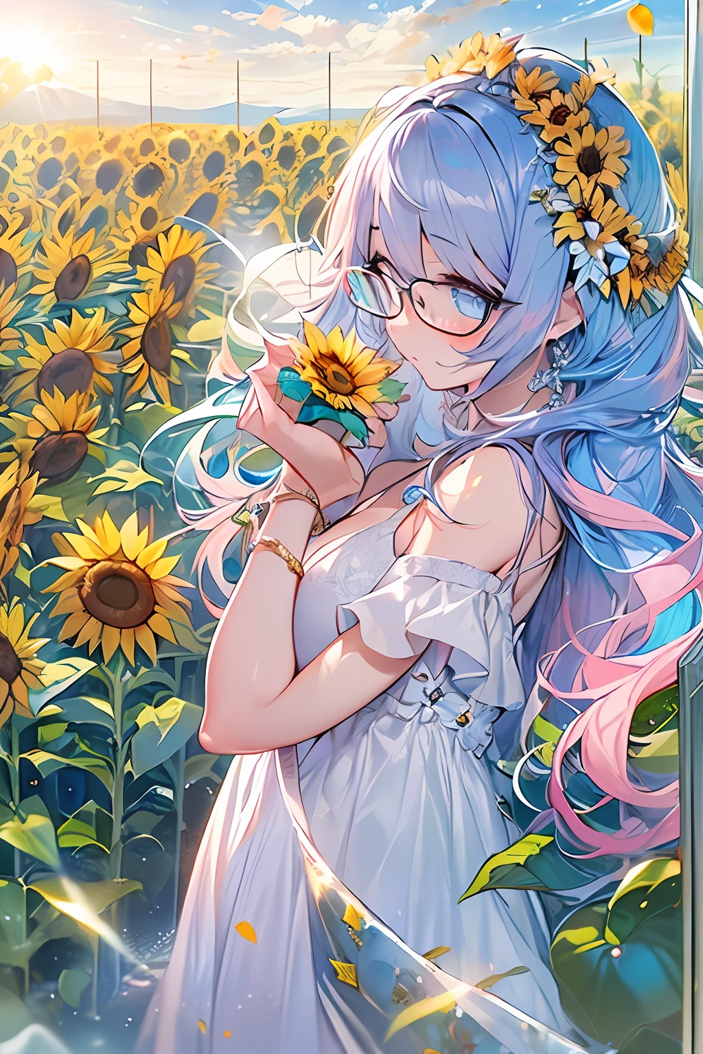 ((masterpiece、top-quality、Watercolor art(Pendants)、Official art、Beautifully Aesthetic:1.2))、(the golden ratio:1.2)、(ultra-detailliert:1.5)、(1girl in:1.3)、(Fractal Art:1.3)、full body Esbian、((Glitter pupils))、patterns、((Half blue hair and half dark pink hair,,:1.5))、colourfull、Writing、(heterochromia iridis:Red left eye and blue right eye)、(colourfull:1.5)、((Shy face))、((robe blanche))、(Hyper-detailing), ((delicate detail)), (intricate detailes), ((ciinematic light, best quality backlight)), highcontrast, ((The best lighting, extremely delicate and beautiful)), ((ciinematic light))、(ray trace reflection、brilliance)、((glowing aura))、((Radiant hair))、((The ultra-detailliert))、((8K))、((write))、Delicate beautiful face and eyes,Focus on Face, masterpiece,Shock sensation、(realisitic:0.5)、Original 2 High Saturation、((Neat and clean woman))、blue-sky、(((Shining eyes:2))),(((Crystal pupil)),(((Big eyes:1.3)))、(((Crystals in the eye:1.2))),((Onepiece))、((Face up:1.3))、((Sunnyday))、((Background with:sunflowers fields))、((Round glasses))