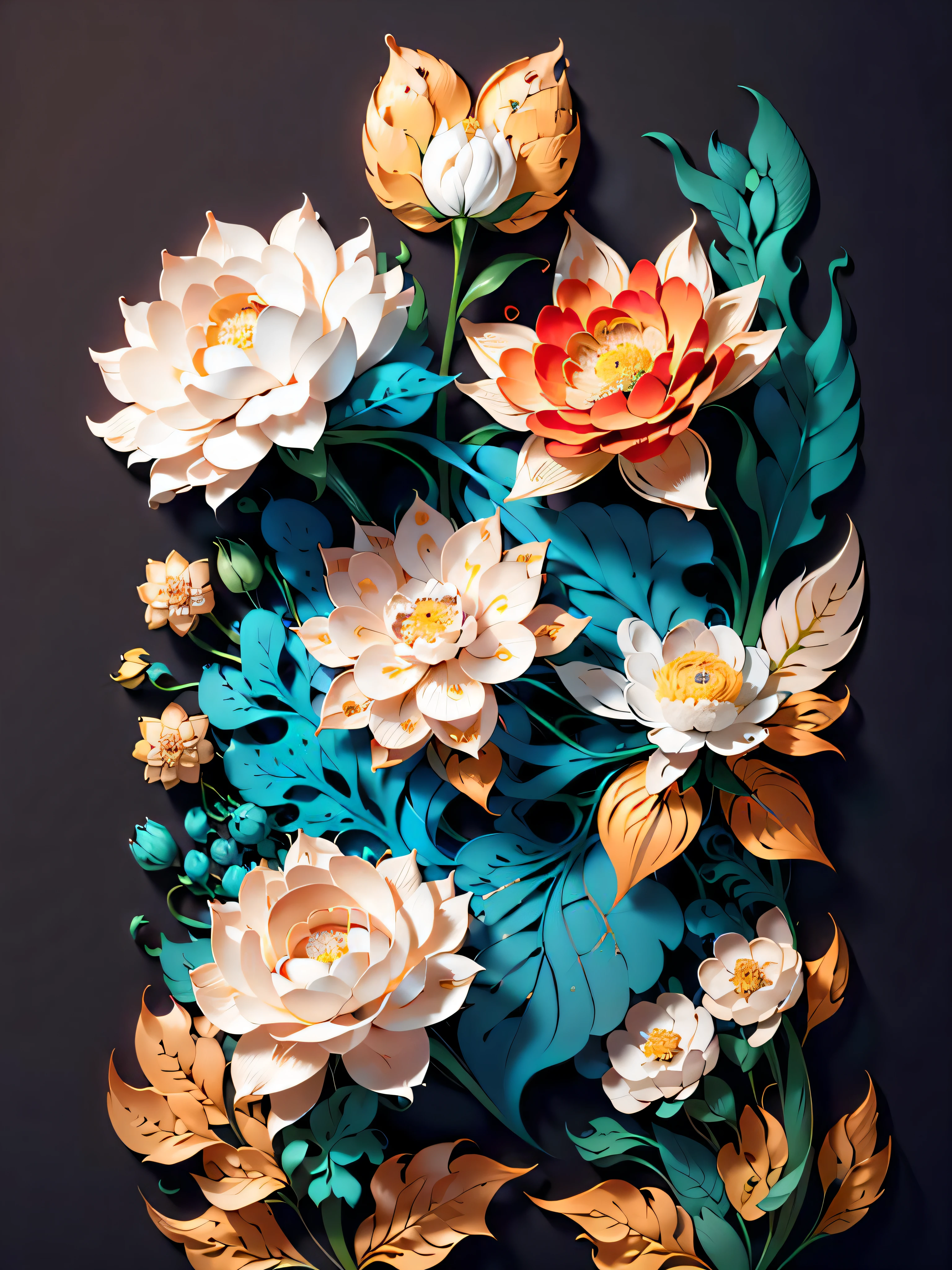 (((masterpiece))),best quality, illustration,beautiful detailed glow, flowers,white background, paper_cut,