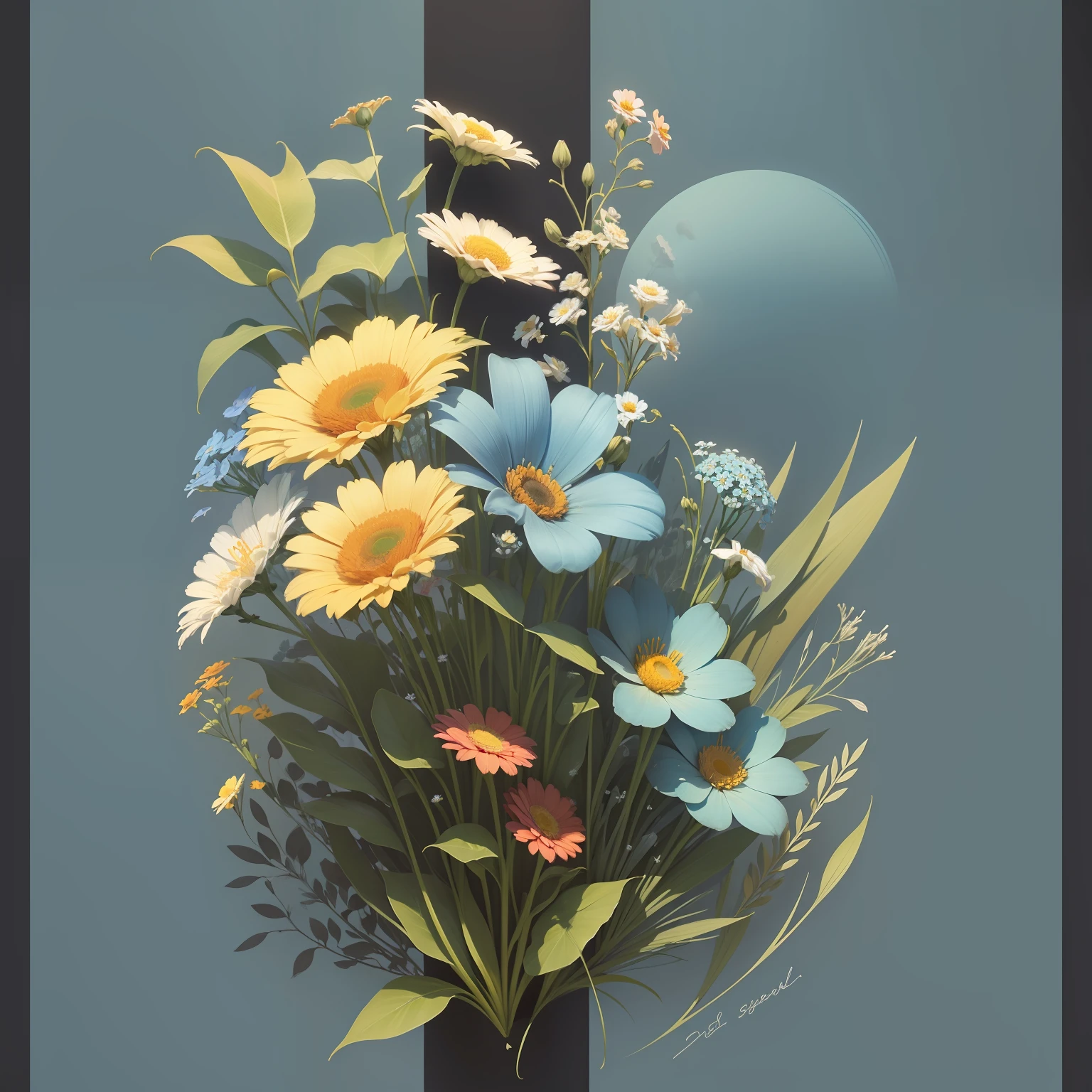 [(​masterpiece, Planar configuration, level, vertical, Equal spacing, Graphic Design)], [(a lot of small flowers, Composition with depth, Flowers bloom all over the screen, Floral motifs spaced across the screen, Vertical green stems are、From top to bottom of the screen、Sparse left-right spacing and depth spacing., lily flowers, gerbera)], [((Light blue-gray solid color background))],