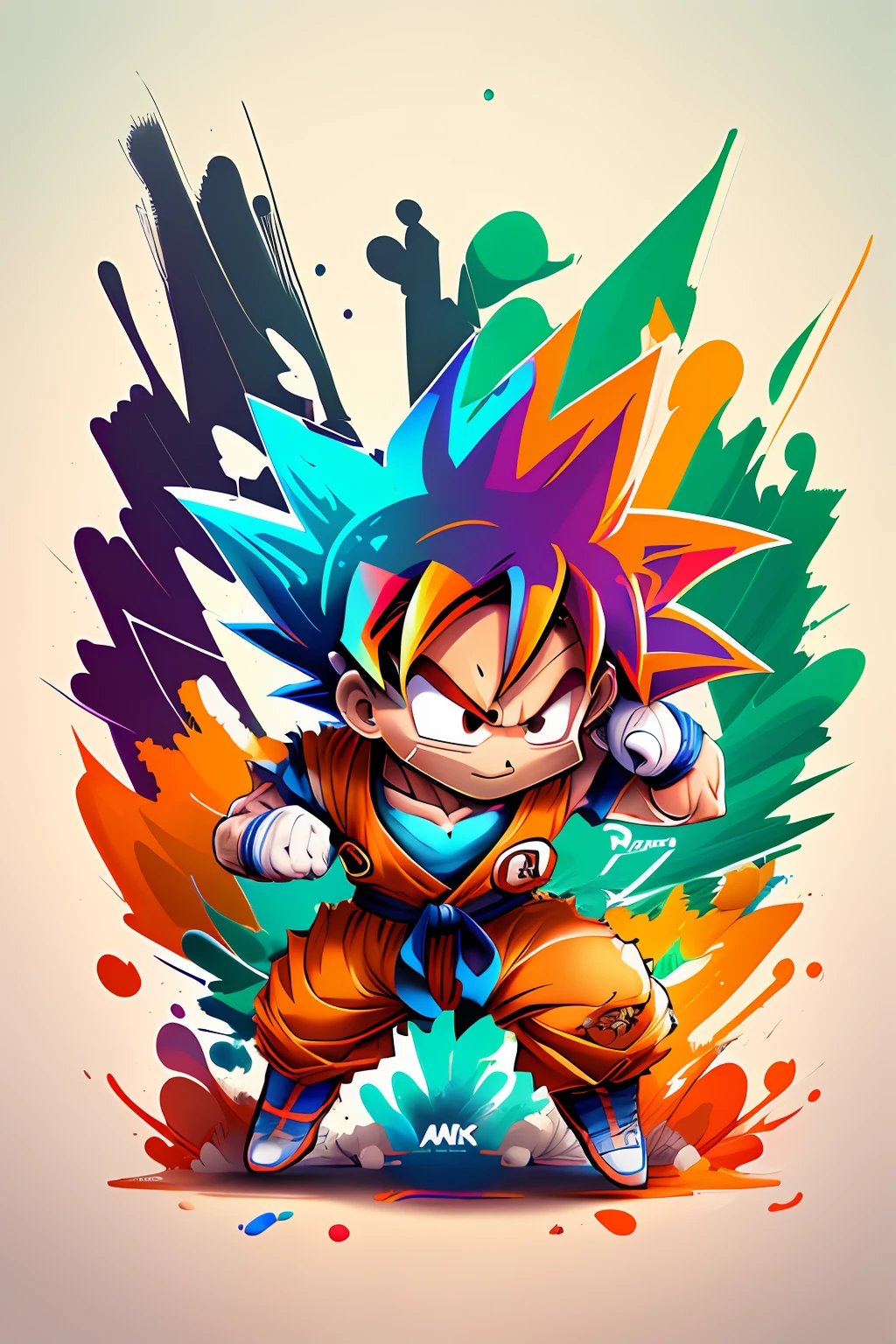 ready to print vector t-shirt art colorful graffiti illustration of a colorful cute goku chibi, standard body, complete, no superfluous detail, wearing boxing gloves, No Face, beach style sea, action shot, 1 masterpiece of art, high detail, white background. 8k image quality.