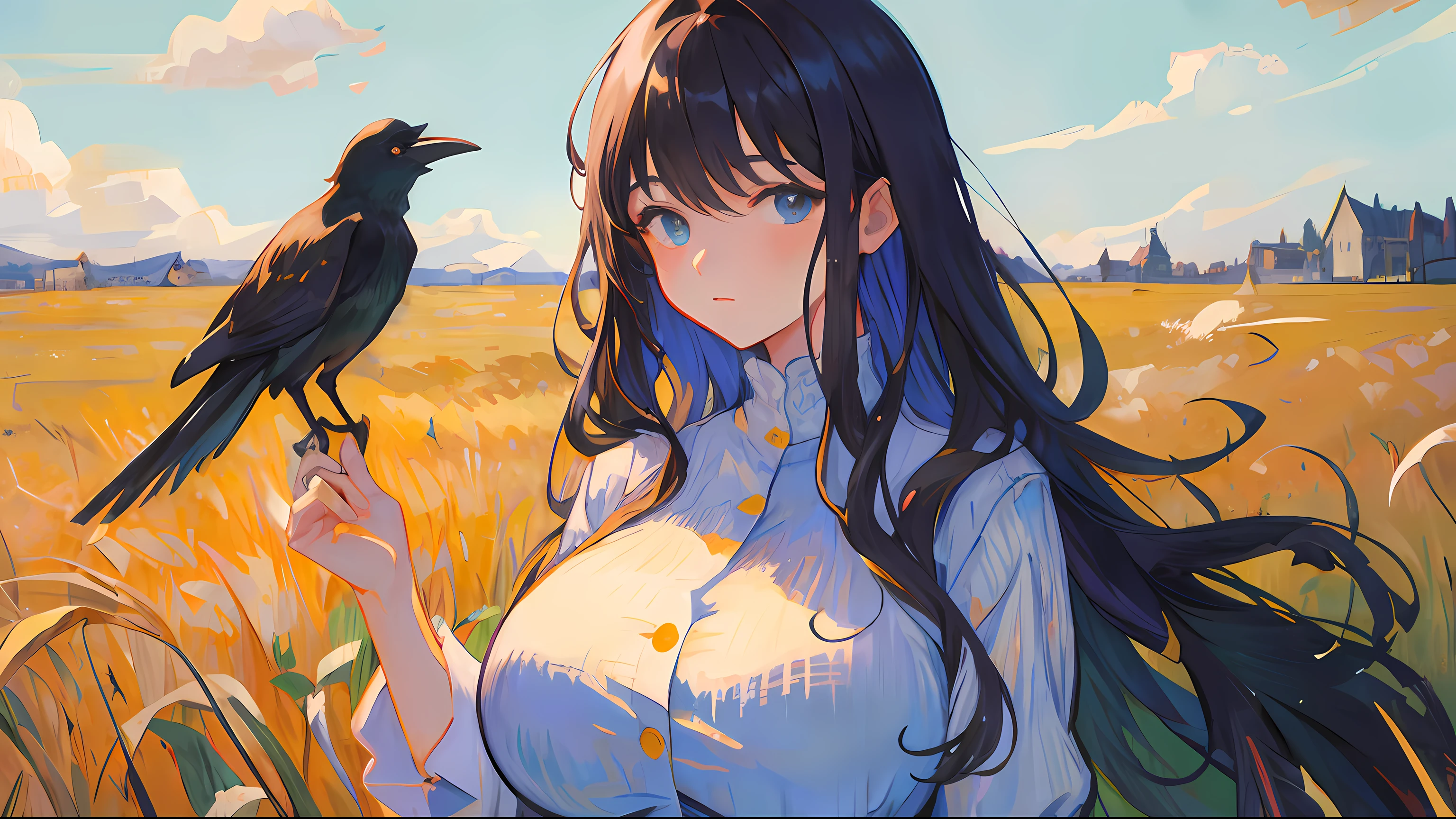 sneak shot , Masterpiece, Best quality, illustration ,Long hair ,Vincent van Gogh ,wheatfield with crows

,view the viewer, Skinny, Huge breasts,   moles on breast ,whaite hair