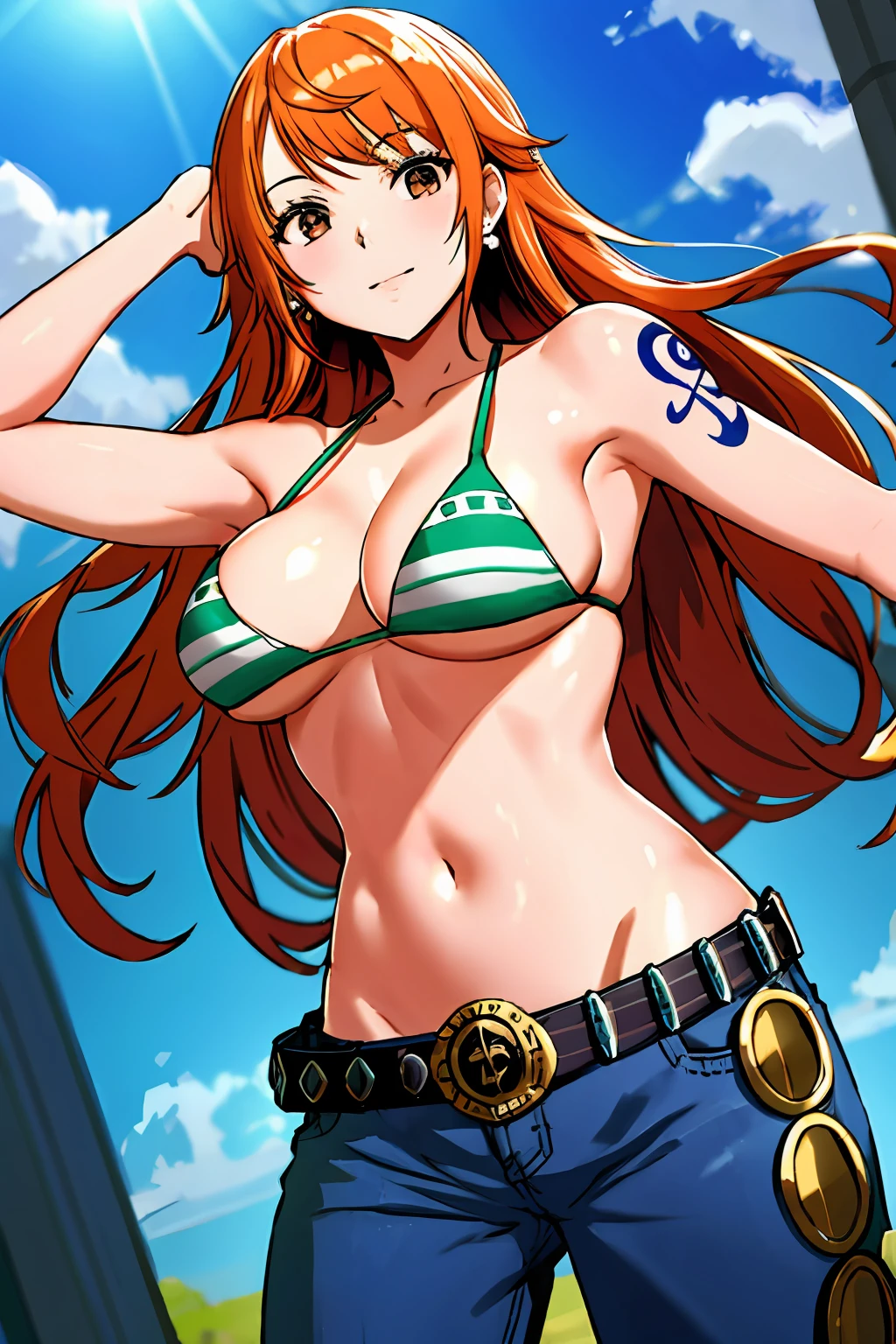 detailed background, masterpiece, 4k, best quality, adult, wrestler, 1girl, active, energic, uppercut, (large mouth) , solo, nami \(one piece\), 1girl, bangle, wet, soaked in sweat, perfect detailed face, bold drawing lines, muscular arms, detailed bold arm lines, flat jaw, adult woman, wavy wide streaked bangs, floating bang streaks, (big cheeks), bare shoulders, off-shoulders, belt, bikini, bikini top only, blue sky, bracelet, springy breasts, breast lines, big round eyes, plain big brown shiny eyes, bubble, high eye position, cleavage, cloud, day, denim, earrings, floating hair, shiny hair, green belt, green bikini, bold groin lines, jeans, jewelry, medium breasts, log pose, long hair, looking at viewer, navel, wet hair, orange hair, pants, shoulder tattoo, sidelocks, sky, solo, standing, stomach, swimsuit, tattoo , looking at viewer, open mouth, detailed left arm, big forehead, hourglass figure, small head, very happy, laughing, toned body, wide hair, wind effect, sun effect, under the sun, narrow small ears angle, older, random poses, tired