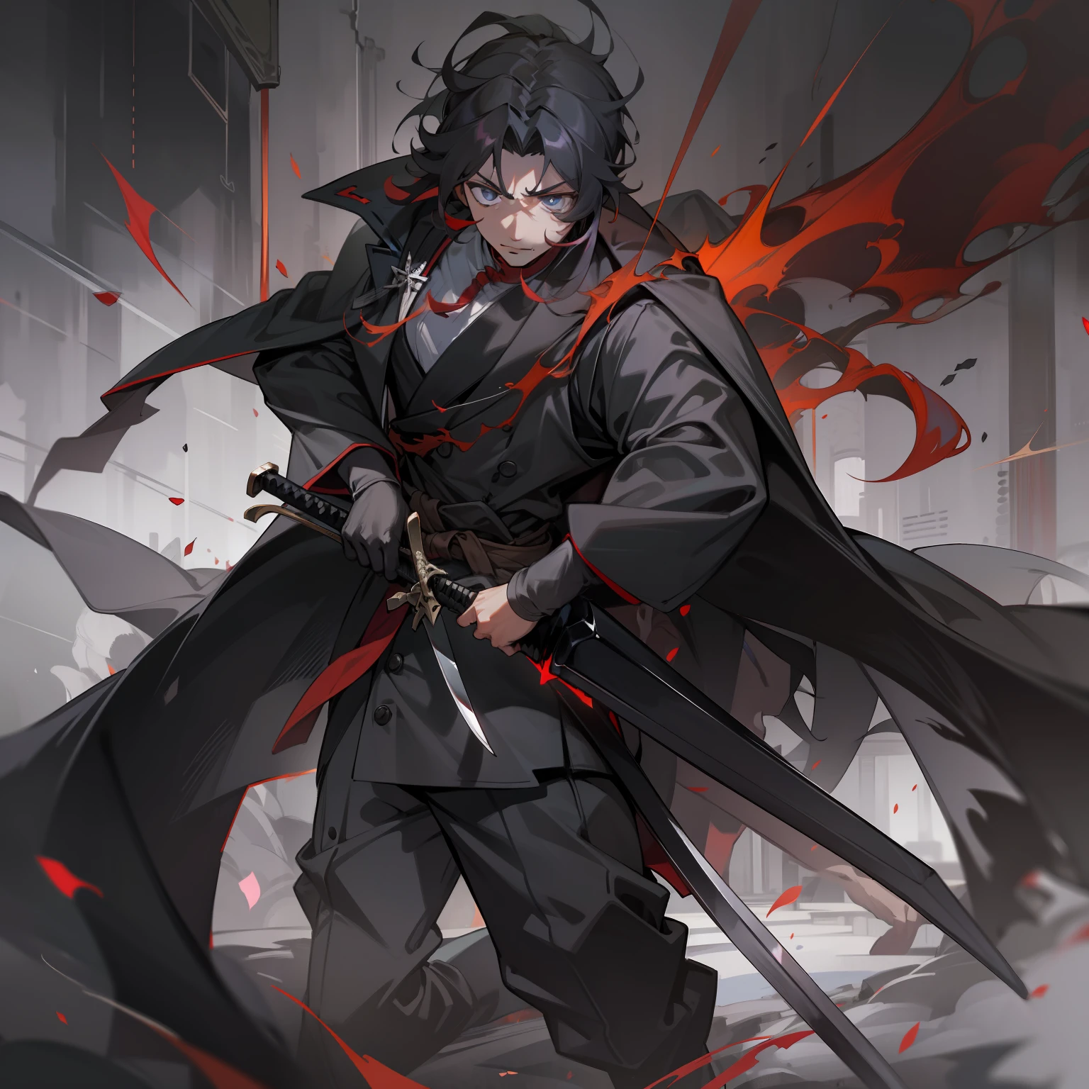 A man in black，White shirt，There is a scar in the frontal corner，A family leader with a black long knife and a red long sword hanging from his waist，pupils，college aged，Swordsman，Gray eye。