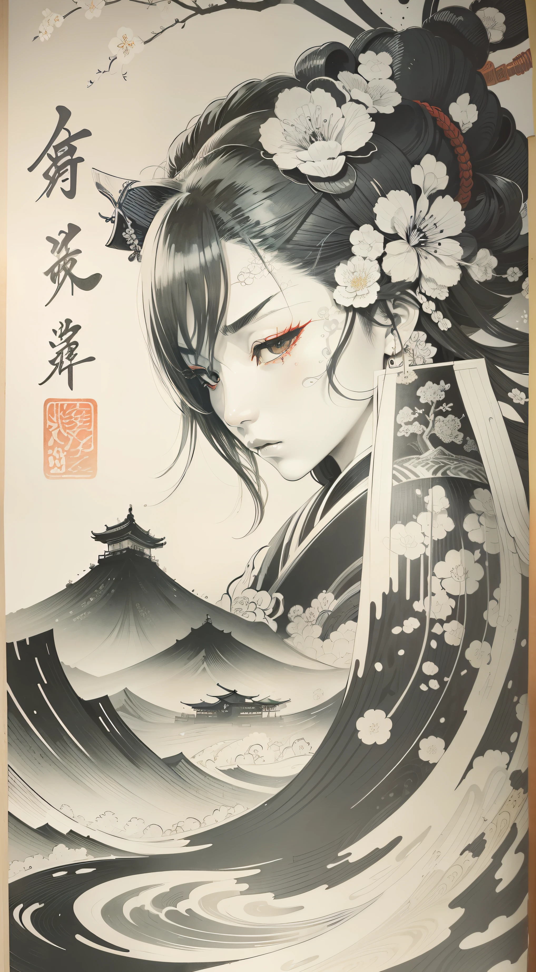 ukiyoe painting、Samurai、ink and watercolor painting、exercise、black-and-white、flowingwater、drak、8K