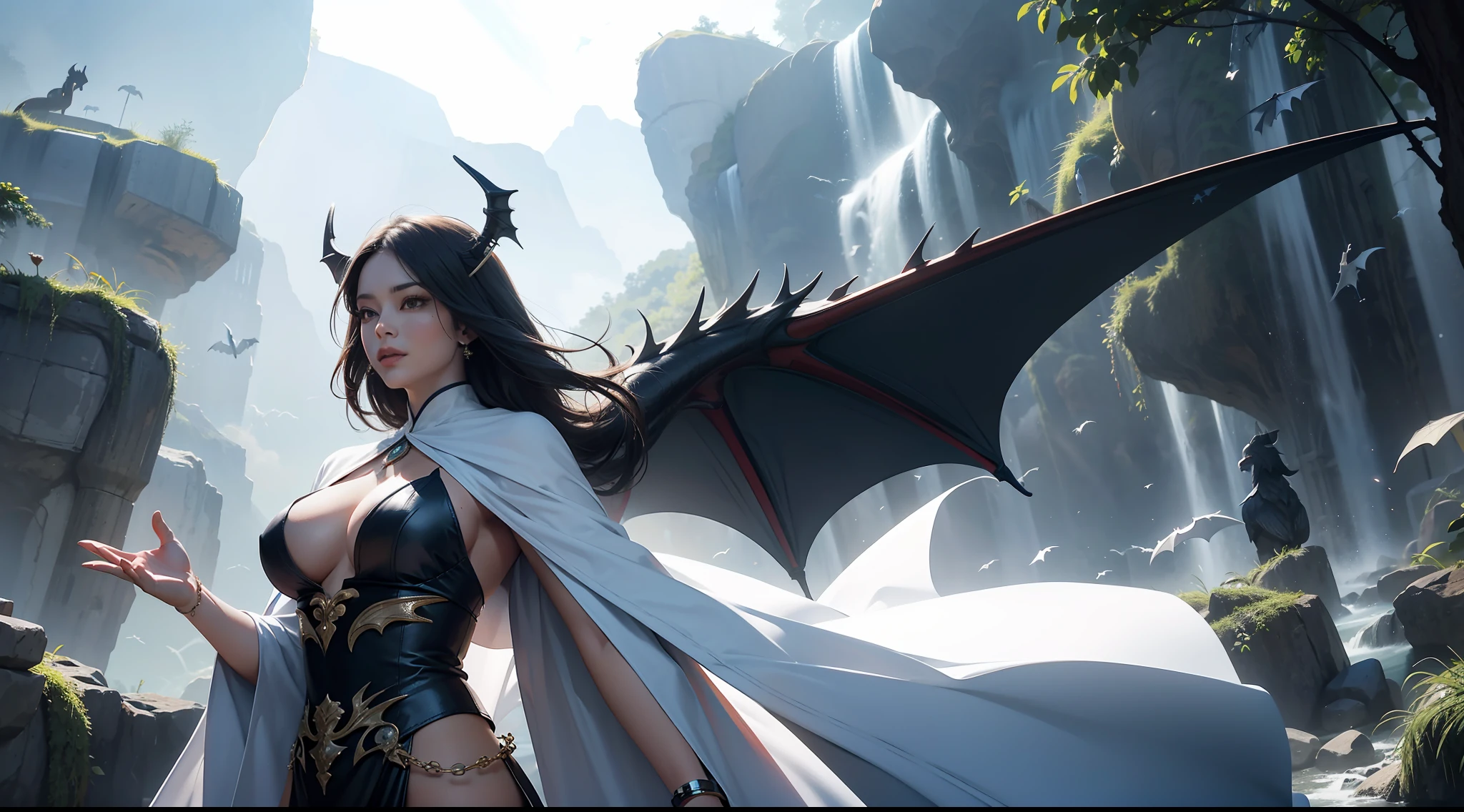 (8K,RAW photos,best qualtiy,tmasterpiece:1.2),ultra - detailed,offcial art,photo-realistic:1.37,upperbody shots,Confident and woman,Dragon's horn,Bat wings,Large breastficent robe,complex patterns,magia,borgar,Natural hair,filmgrain,actionpose,rays of sunshine